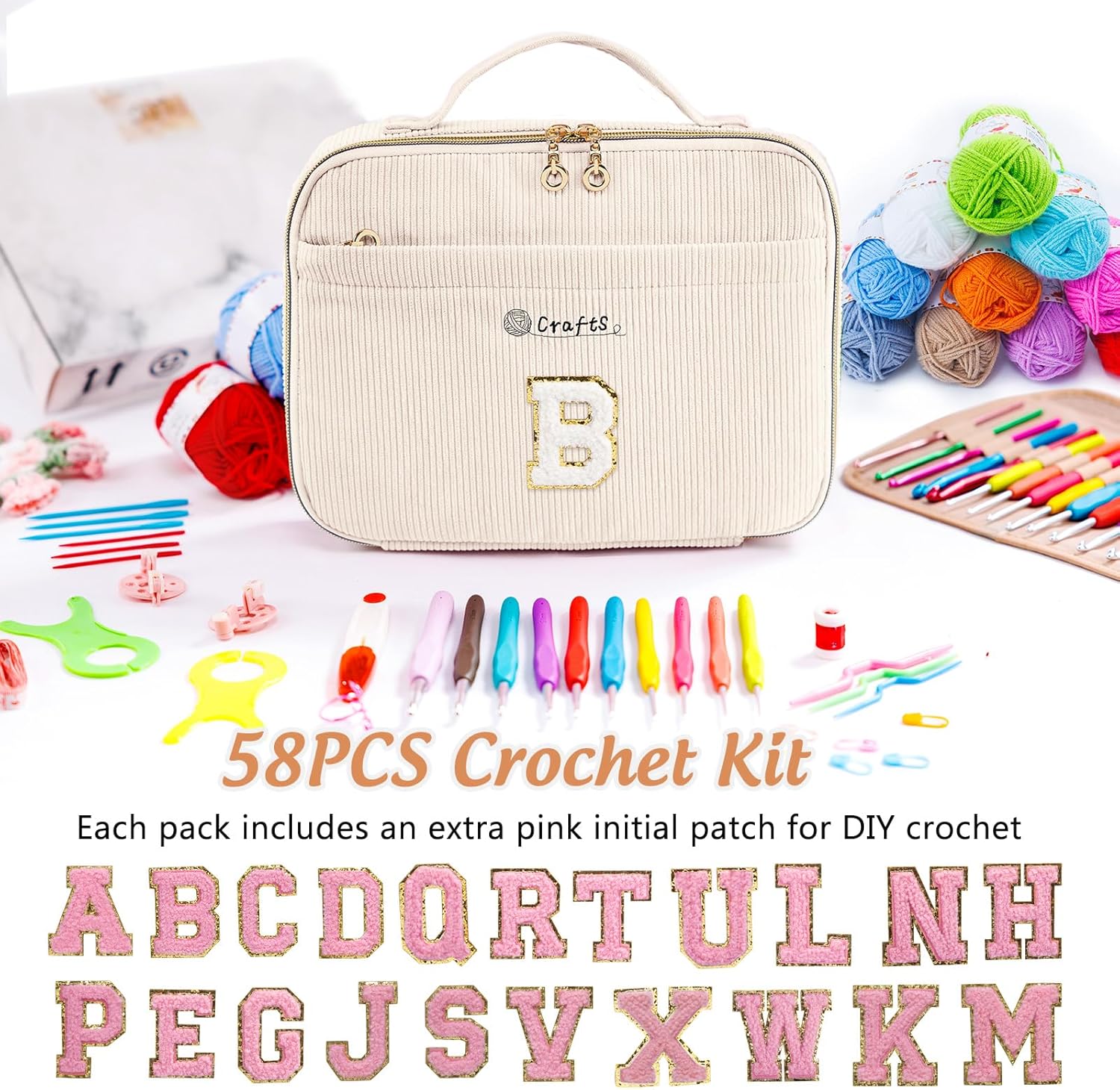 MYBAGZING Initial Crochet Kit for Beginners with Yarn Storage Bag, 10pcs Crochet Hooks 2.0-6.0 mm, 10 Skeins Yarn for Crocheting, Knitting Accessories, 58pc Crochet Starter Kit for Adults