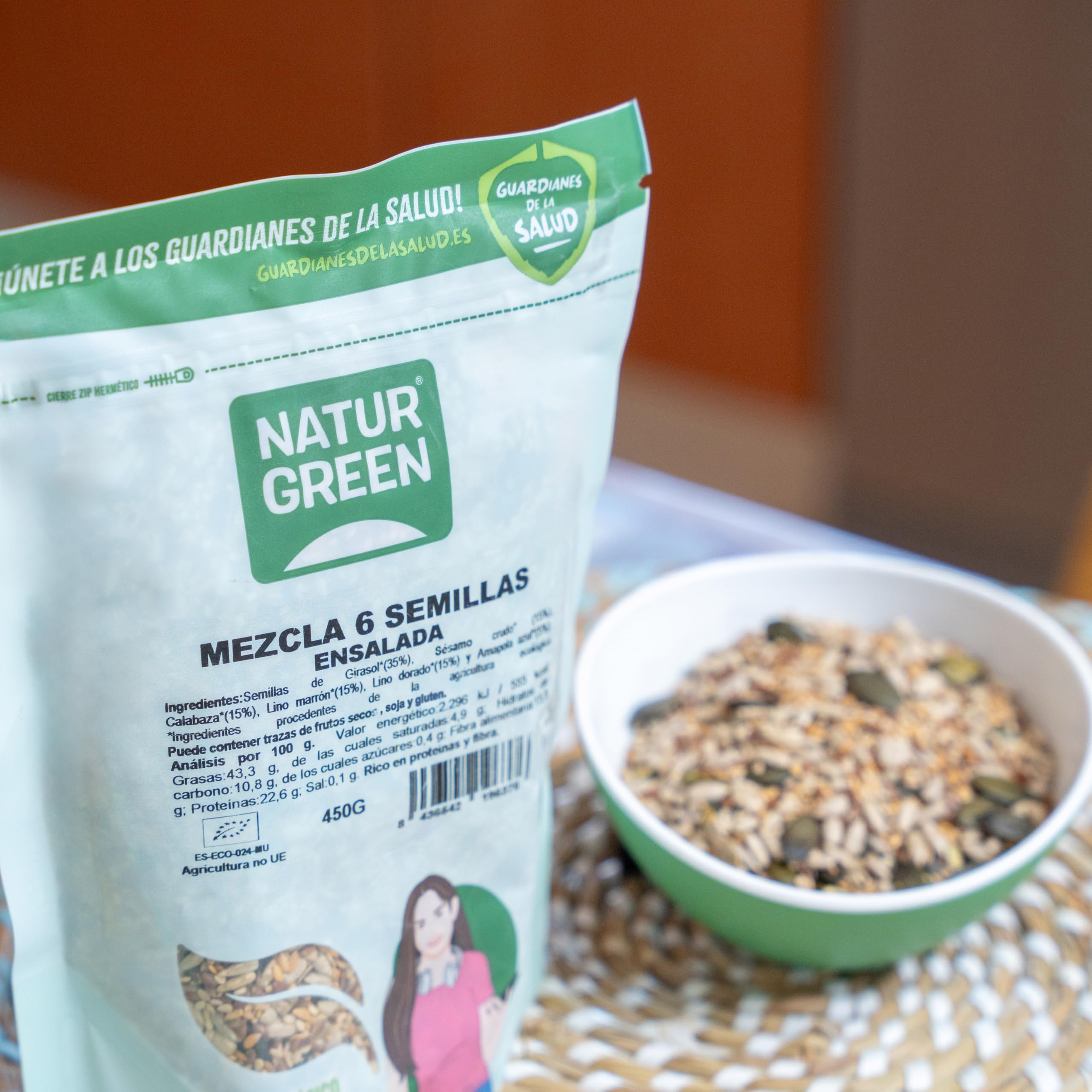NaturGreen Mezcla 6 Semillas para Ensalada Bio 10 x 450 g, Lino, Girasol, Calabaza, Cáñamo, Sésamo, Chía, Omega 3, Fibra, Proteína, Sin Gluten, Vegano
