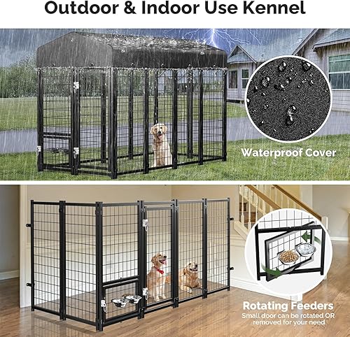 Vista 4 de Sino Luban Perrera para perros al aire libre con puerta para perros, alimentador giratorio y techo - 8 x 4 x 6 pies corrales grandes para perros