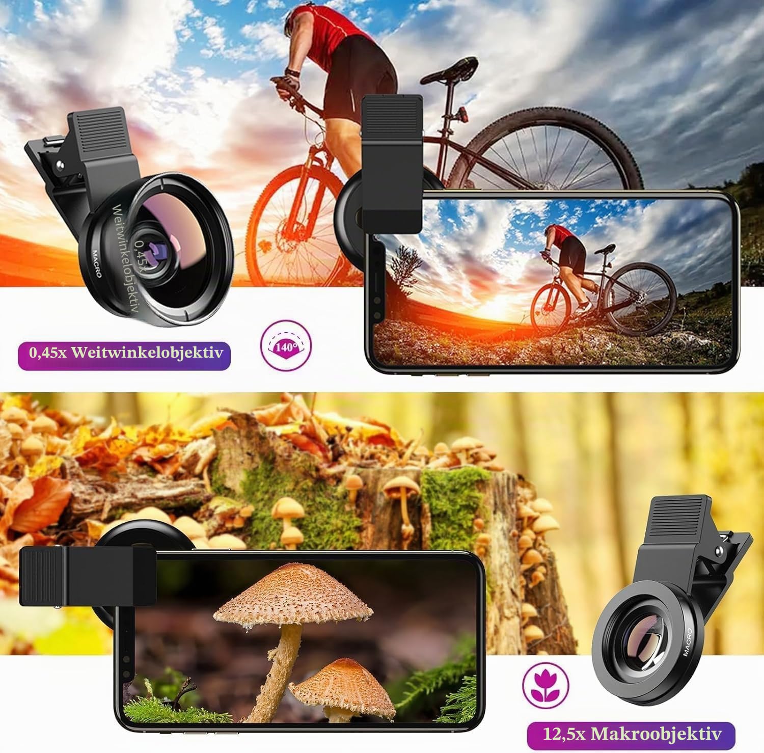 2-in-1 Universal Handy Kamera objektiv, Handy objektiv Set, 12,5X Macro Lens, 0,45X Weitwinkel, Makroobjektiv für die meisten Smartphones