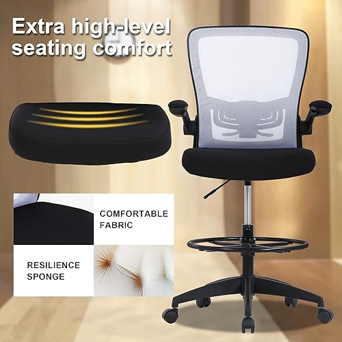 Miniatura 5 de Silla de redacción alta de oficina, silla de computadora ergonómica de malla con respaldo medio, silla de escritorio de pie ajustable con soporte