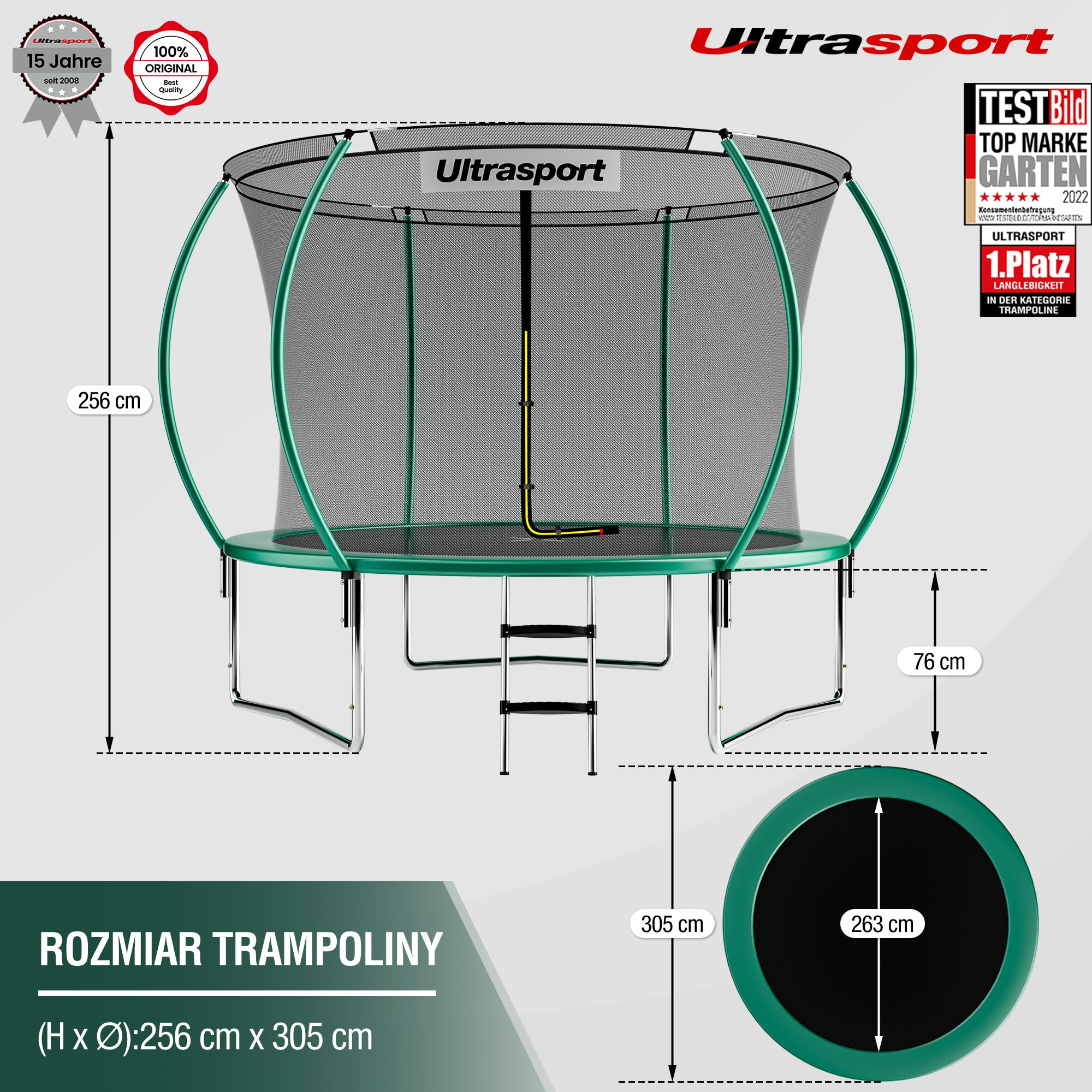 Ultrasport Deluxe trampolina, Ø 244/305/366/430 cm, certyfikat TÜV Rheinland + GS, kompletny zestaw, okrągła trampolina ogrodowa, w tym wyściełane słupki, siatka zabezpieczająca i osłona krawędzi
