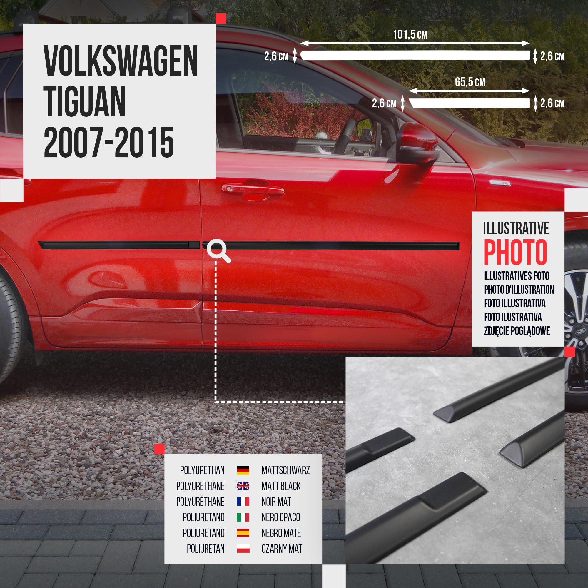 CHROMEMASTER | Schutzleisten für Autotüren Kompatibel mit VW Tiguan 2007-2015 | Dekorative Seitenleisten schützen Lack und Fahrzeugtüren vor Kratzer und Beschädigung