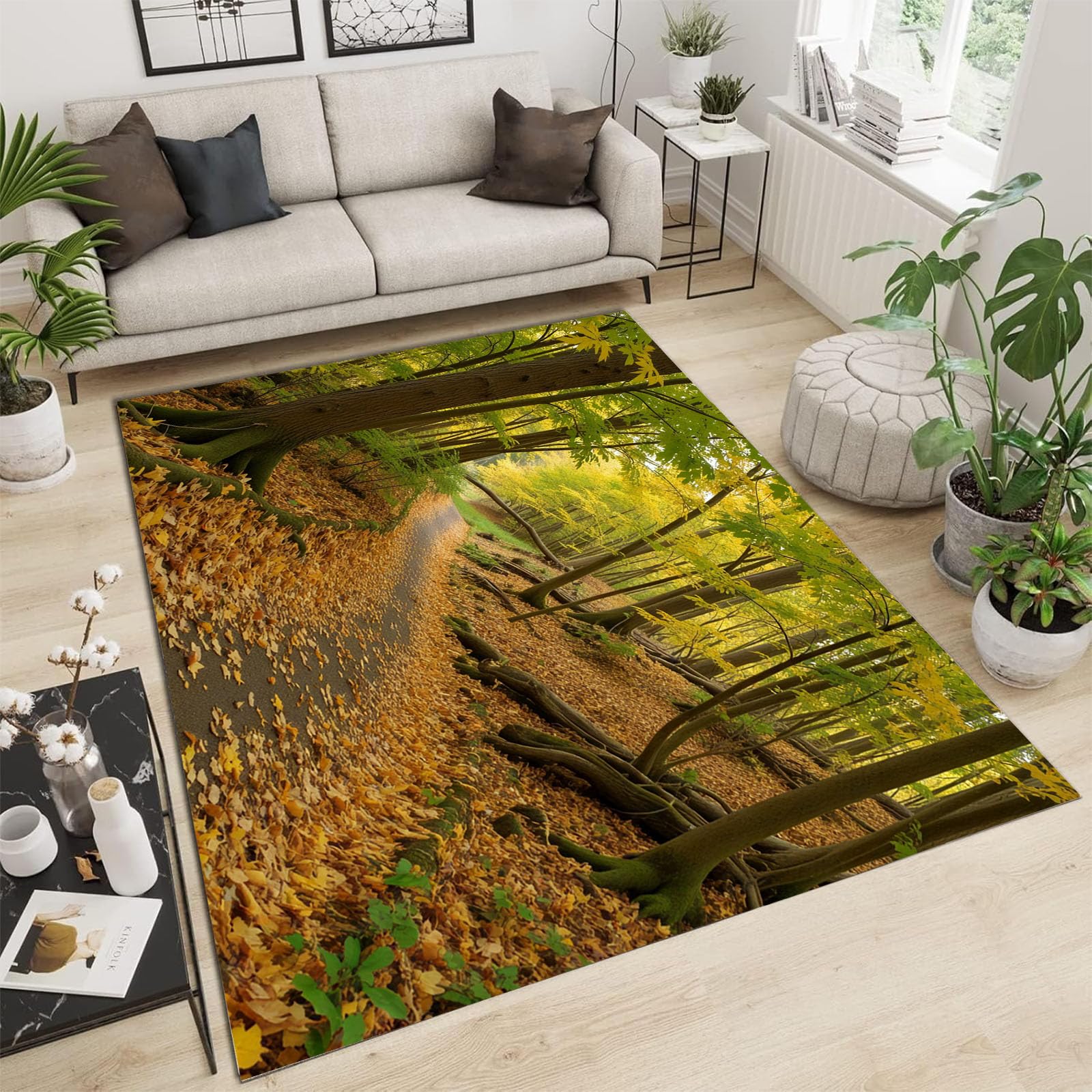 Tapis de chambre lavable et antidérapant paysage de forêt