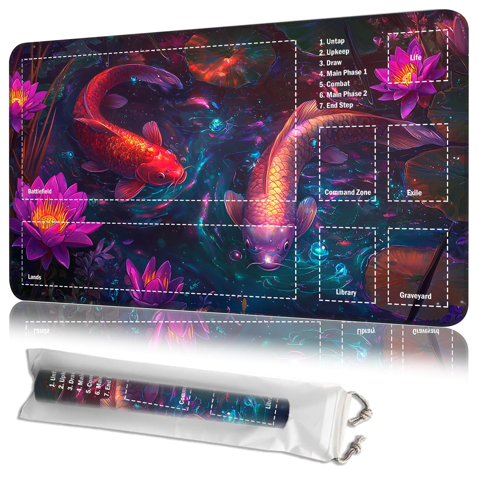 JANENFNA Playmat 24" x 14" with Magic Zones for MTG Card Game Playing, Board Game Mat for Card Breaking Commander Deck Gaming Card Game Battles Mat with Storage Bags, Koi Fish Lotus — image 1