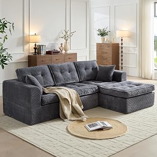 ROXGOX Modular L-Shaped Sectional Sofa, Boneless Cloud Couch with Chaise, Plush Corduroy Gray, No Assembly Required