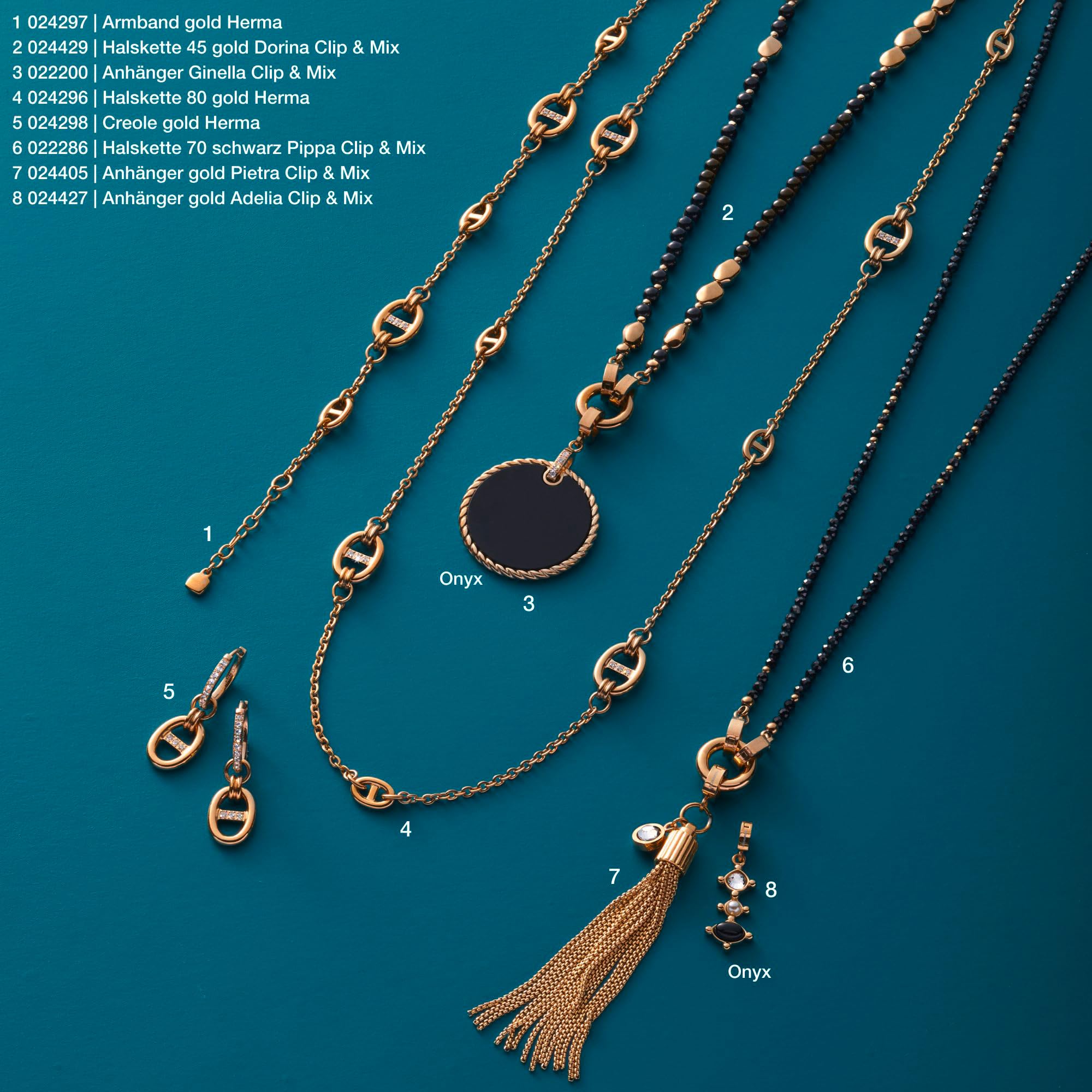 JEWELS BY LEONARDO Anhänger Clip & Mix Adelia, Ketten-Anhänger aus goldfarbenem Edelstahl, klarer Glasstein, weiße Imitationsperle und schwarzer Onyx, Schmuck Geschenk für Frauen, 024427