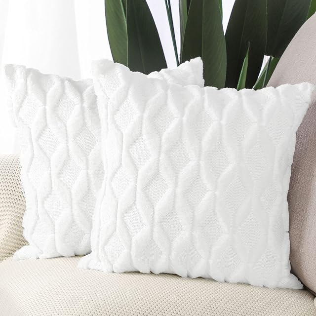 Madizz Set of 2 Soft Plush Short Wool Velvet Decorative Cushion Covers Luxury Style Throw Pillow Cases European Pillow Shell for Sofa Bedroom Square White 12x12 inch