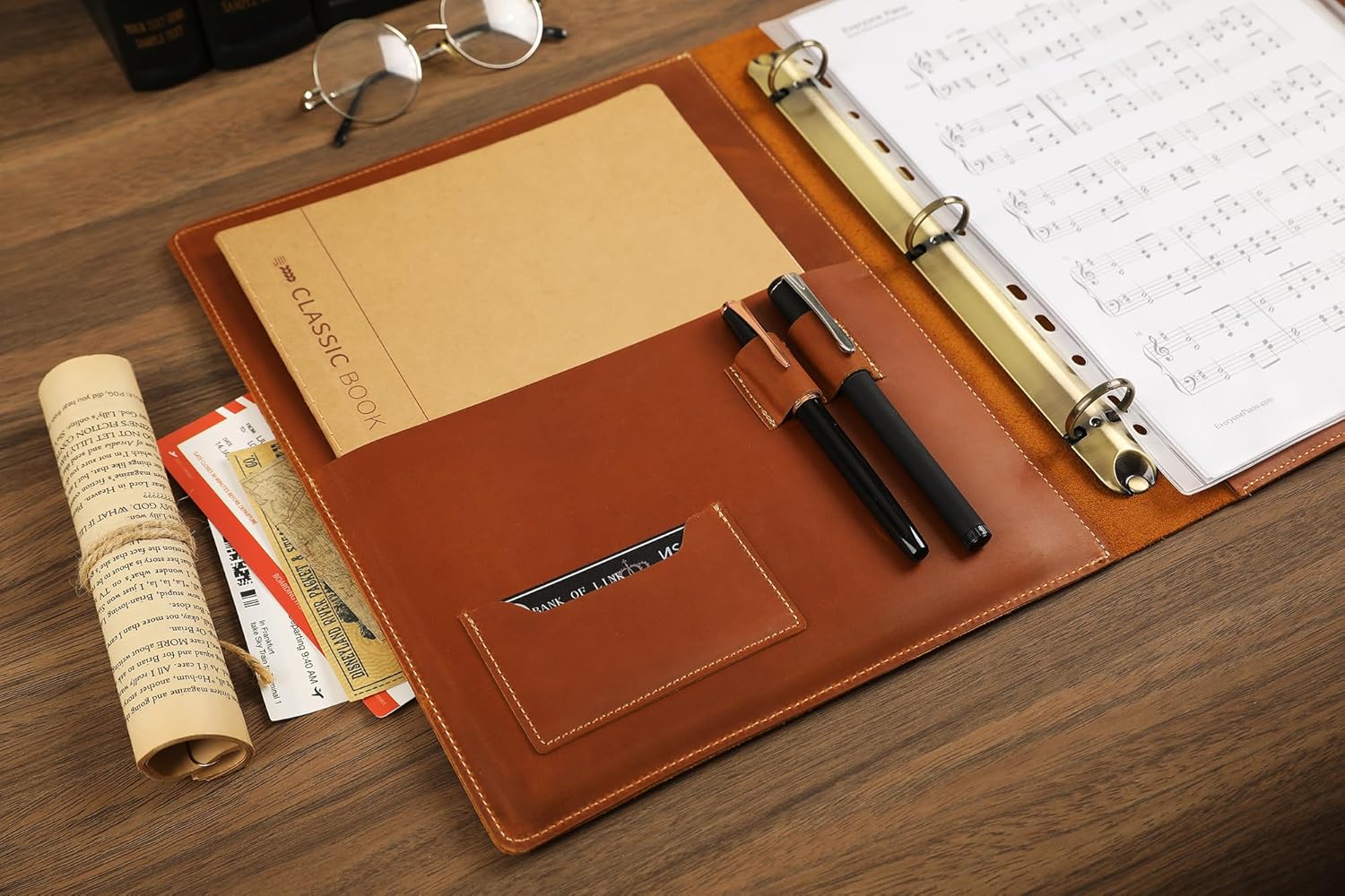 Handmade Leather Music Folder, Sheet Music Binder Personalized Music Holder, Leather Binder 3-Ring for 8.5x11 Music Sheet with Clear Sheet Protectors, Brown