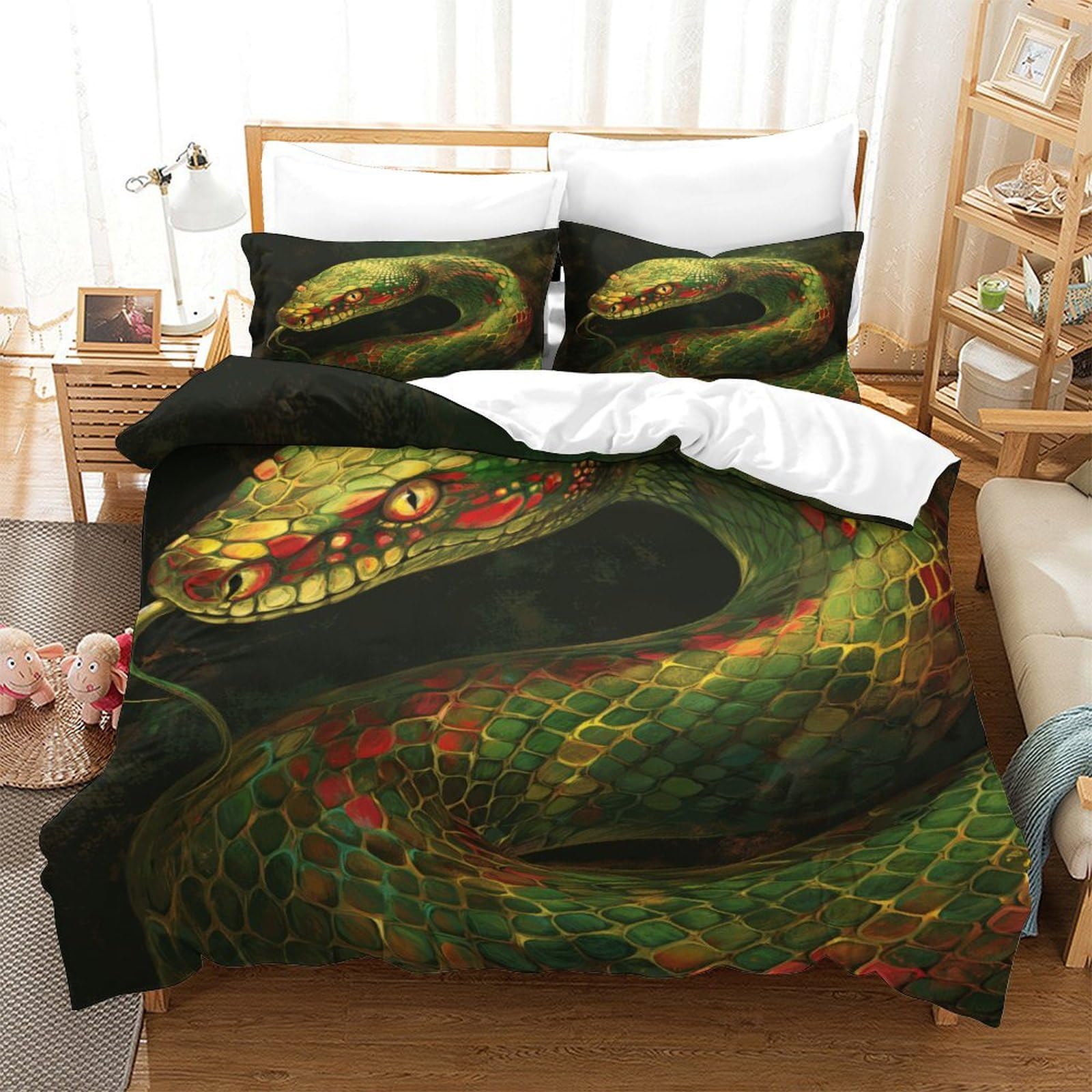 P1S9U7W5Y Enigmatic Forest 3D Printed Snake Duvet Cover Set 3pcs Microfiber Green Serpent Bedding Set Single（140x200cm）