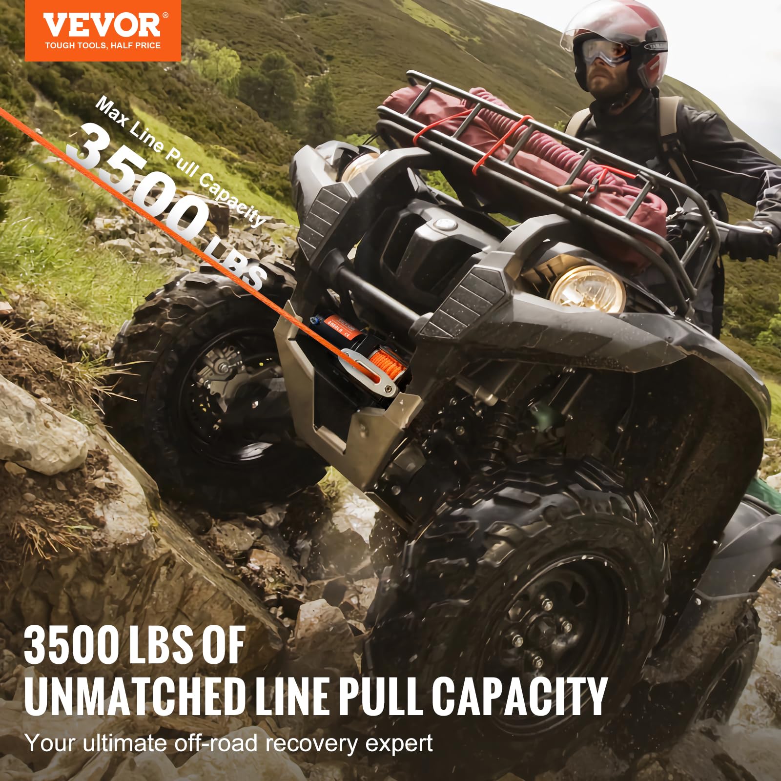 VEVOR Cabrestante Eléctrico de Capacidad de Tracción de Línea de 1588 kg, IP55 Cabrestante con Cuerda Sintética de 12 Hebras de Φ0,5 x 1188,7 cm, Control Remoto con Cable para Remolcar UTV ATV