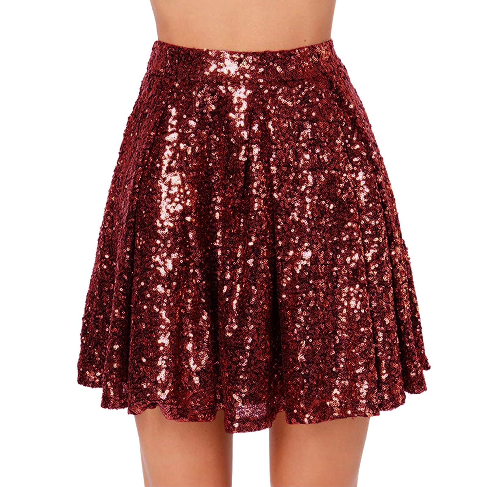 Cokbyavla Women Elastic Waist Glitter Skirt with Lining Short A-line Hip,Silver Sequins White Skirt Mini Sparkly Silver Skirt Women Silver Metallic Midi Skirt Women Vinta(18Wine,S)