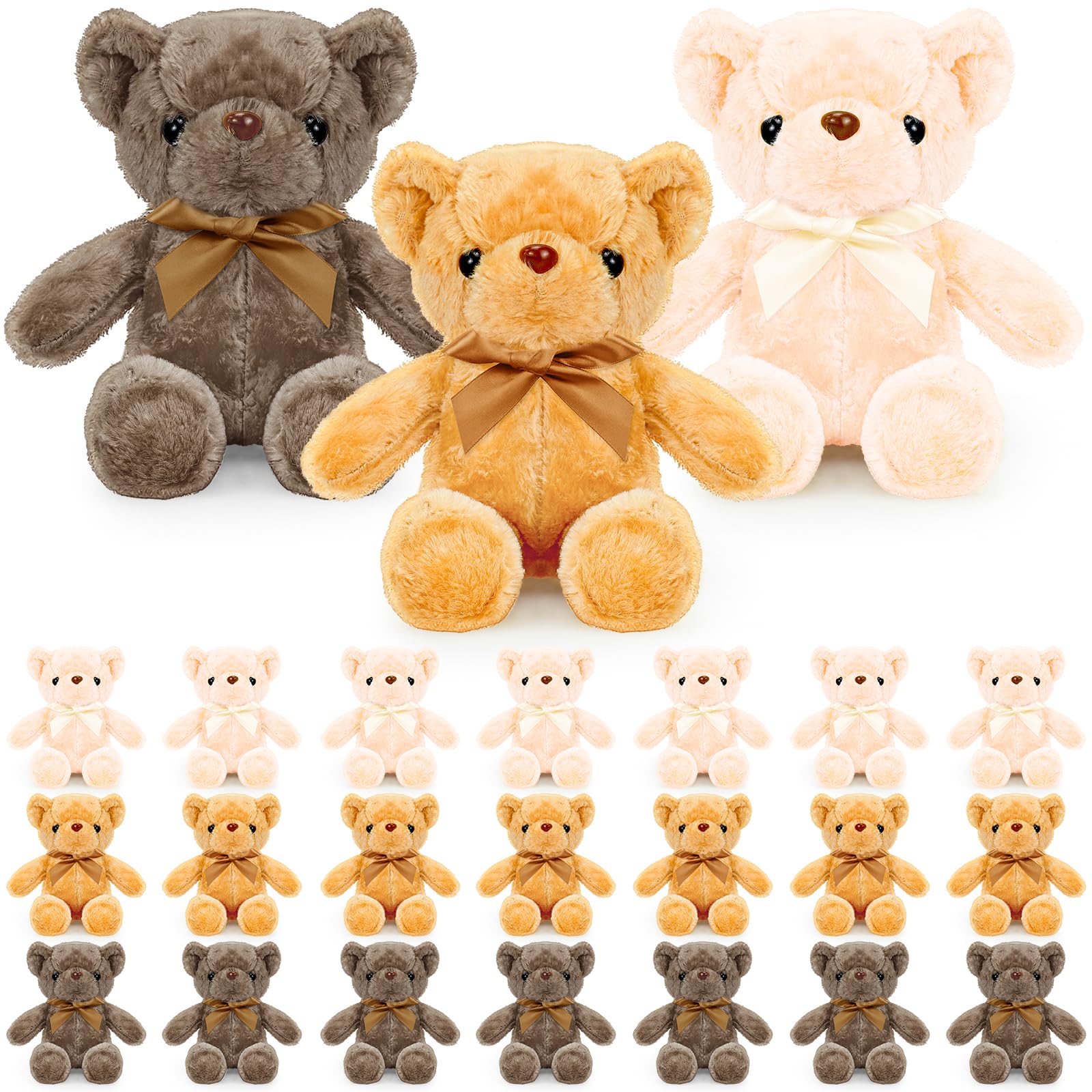 JTKDG 24 Pcs Small Teddy Bears Bulk, 30cm/12 Inch Bear Plush Teddys with Bow Tie Cute Soft Bear Stuffed Animals for Birthday Graduation Christmas Wedding Party Favor (White, Light Brown, Beige)
