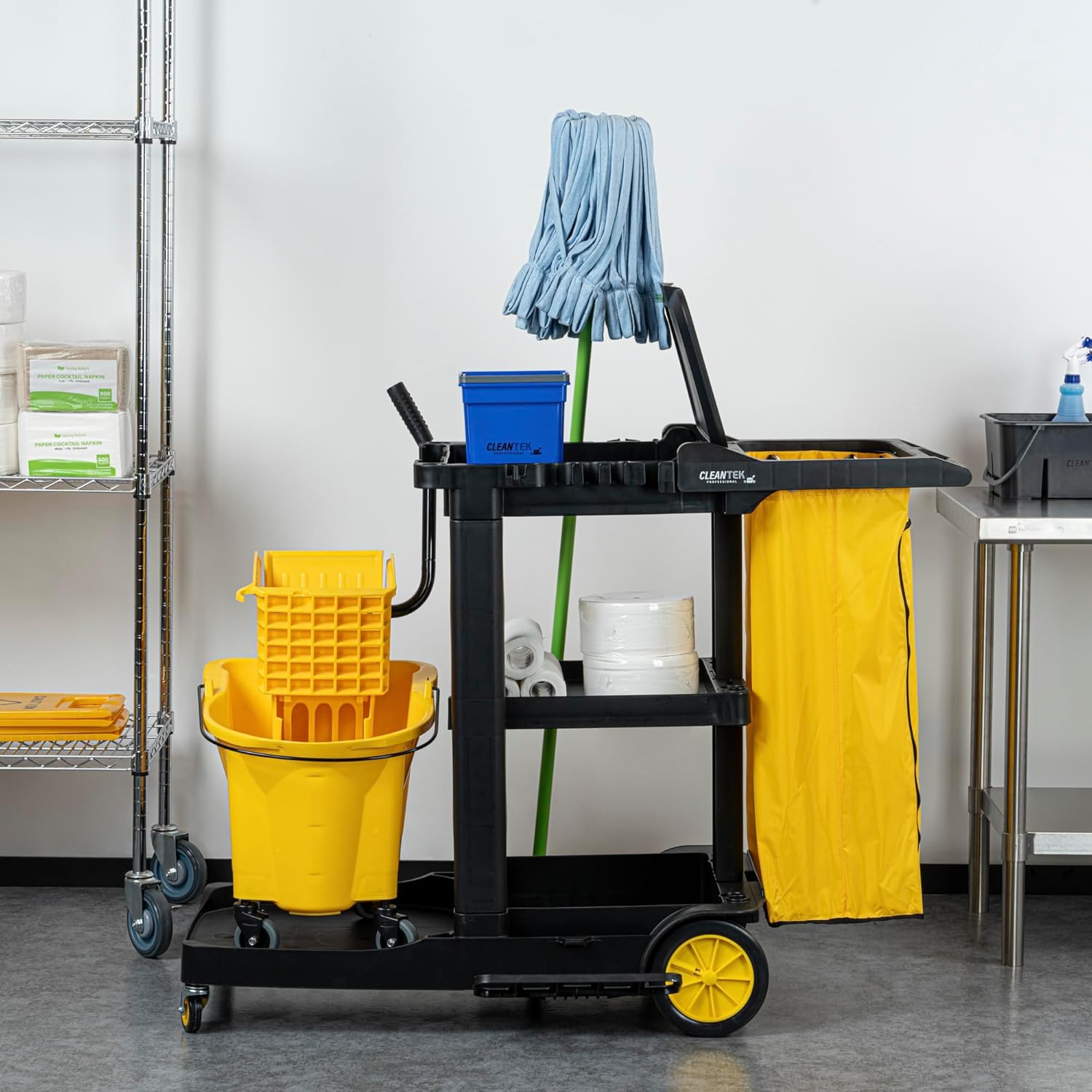 Restaurantware-Janitor CART Bag ONLY: Clean Tek Professional 16.93 x 10.63 x 29.53 Inch Janitorial Bag, 1 Heavy-Duty Receptacle - Janitor Cart Sold Separately, Durable, Yellow Plastic Replacement