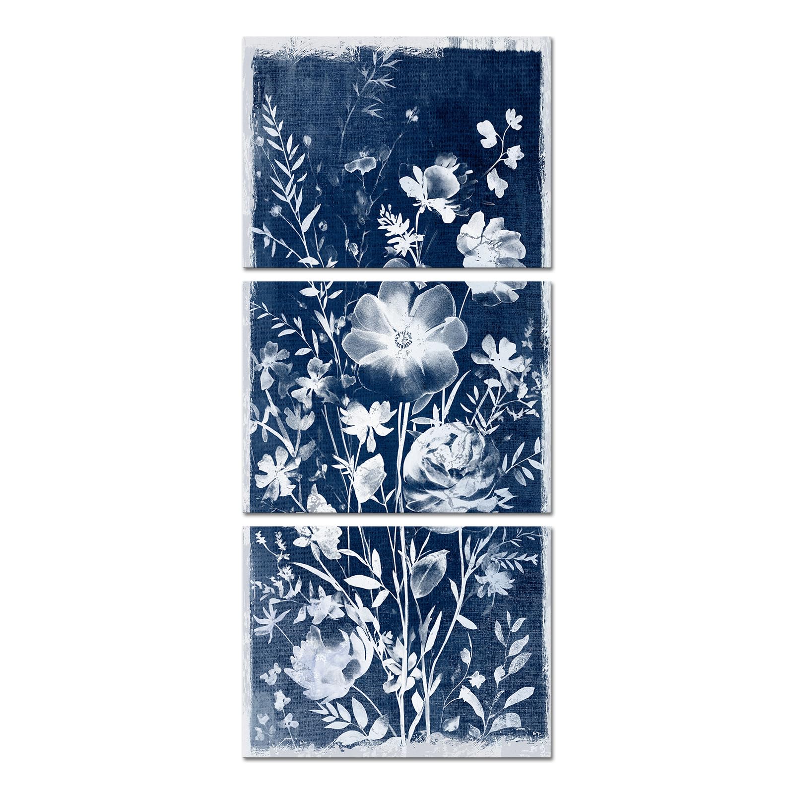Amazon.com: iHAPPYWALL 3 Pieces Navy White Flower Canvas Wall Art ...