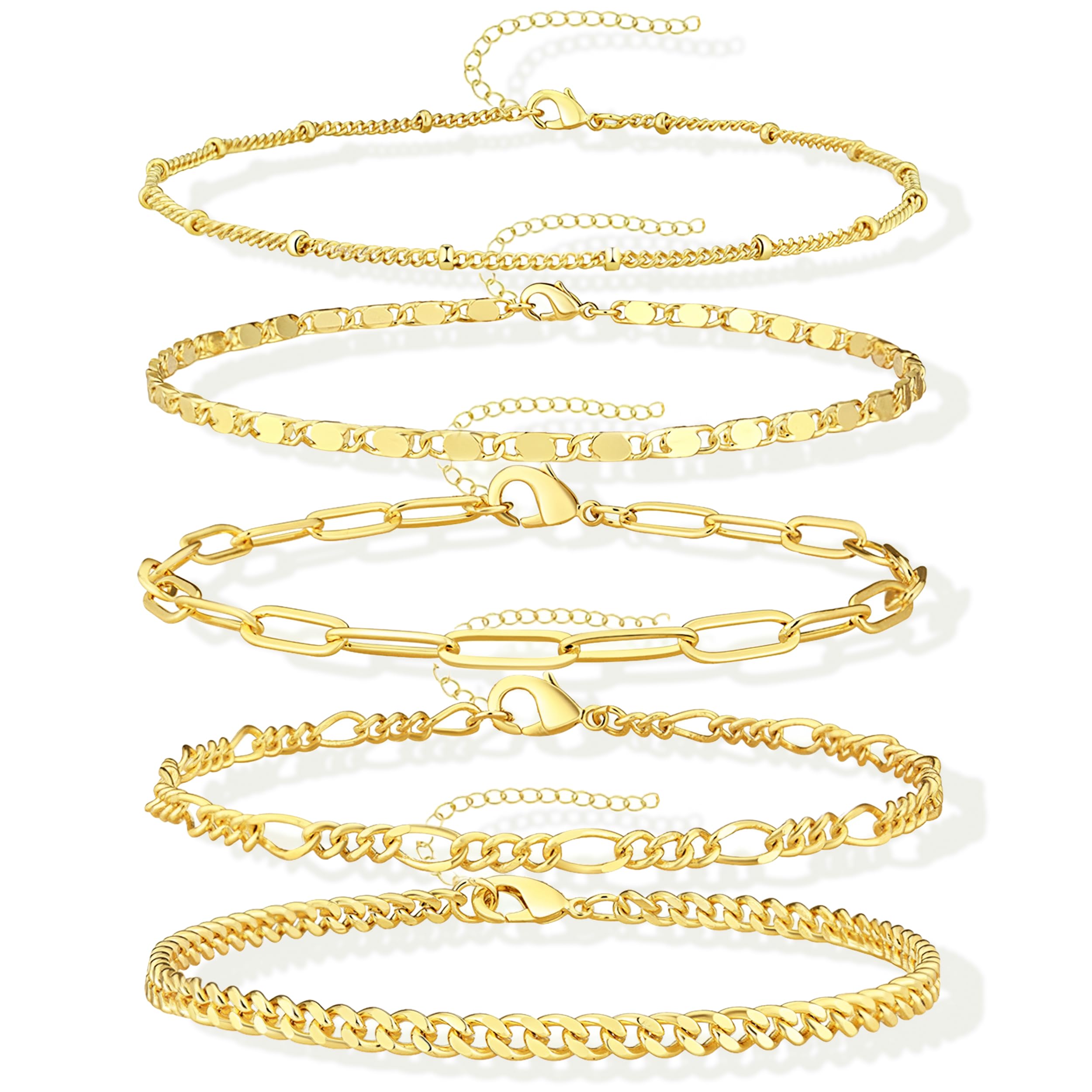 'Gokeey Reoxvo Dainty Gold Chain Bracelets Set for Women 14K Real Gold Plated Link Chain Bracelets for Women Trendy Gold Stackable Cuff Bracelets for Jewelry Gifts Women Adjustable 7''+2'''