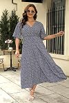 Keluummi Plus Taille Maxi Robe pour femmes V-Neck Floral Empire taille 3/4 Manche avec poches