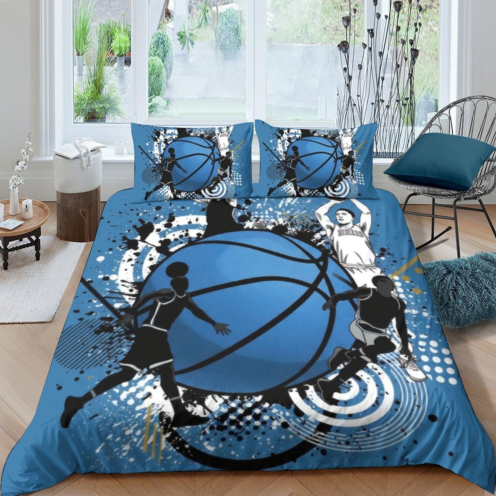 GPLZQXKJNH 3D Printed Basketball Court Duvet Cover Set Microfiber Soft Blue Bedding with 2 Pillowcases for Bedroom Home Single（135x200cm）
