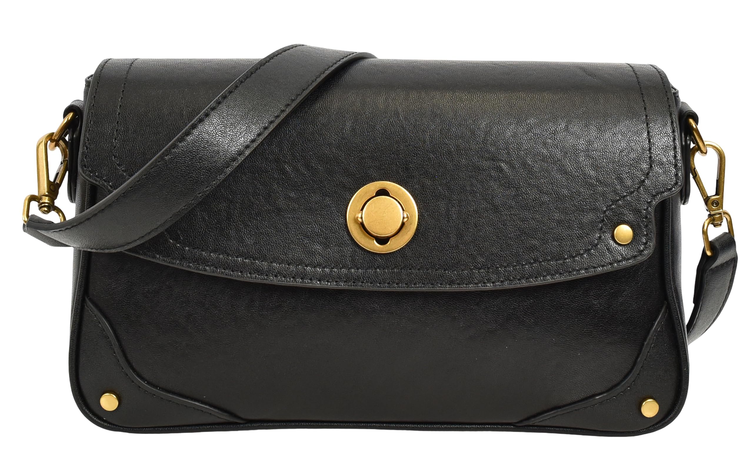 Bolso cruzado de cuero con solapa para mujer, bolso de hombro con cierre giratorio con herrajes dorados, tachuelas en las esquinas, bolsillo trasero con cremallera y forro beige |
