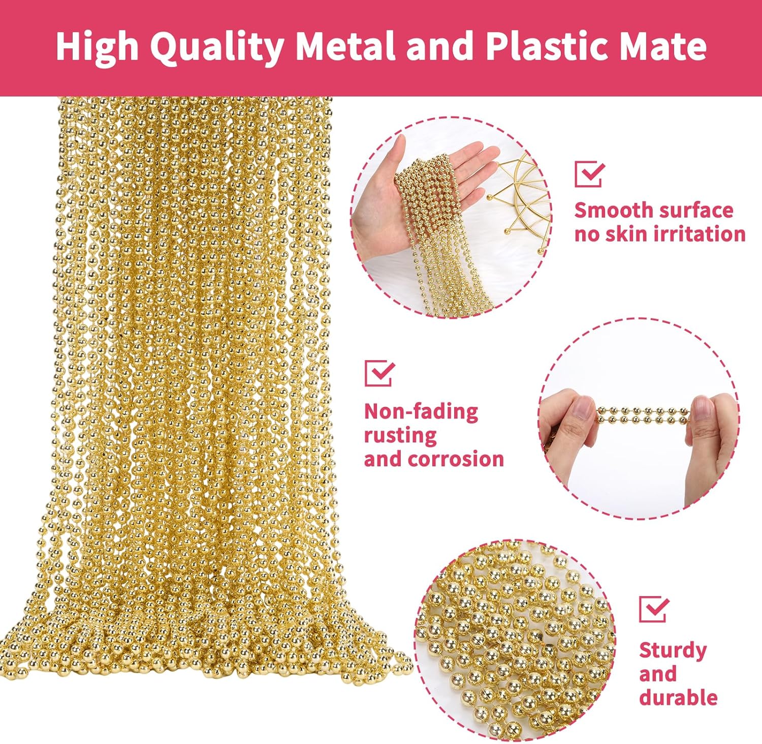 48 Pack Mardi Gras Beads Necklaces, 33 Inch Gold Plastic Beads for Party Favors, Festival Decorations, Parade Throws, Christmas, St. Patrick's Day Celebrations - Image 2