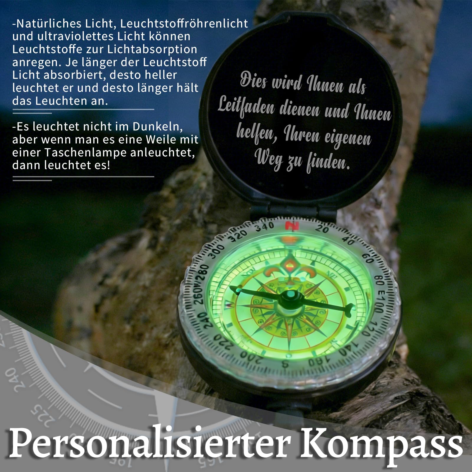 Personalisierter Kompass mit Gravur Foto Text Personalisierte Mini Kompas Schlüsselanhänger mit Leuchtziffern Geschenk für Mann Vater Freund Neffe