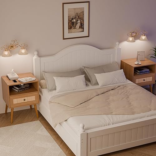 Miniatura 13 de Moderno juego de 2 soportes de mimbre de ratán con cajón y estación de carga, mesa auxiliar de madera para espacios pequeños, mesita de noche de