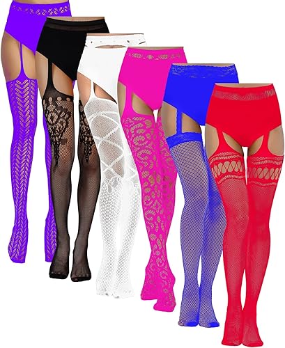 Justay 6 Pairs Womens Fishnet Thigh High Stockings High Waist Fishnet Stockings Suspender Pantyhose Stockings for Women