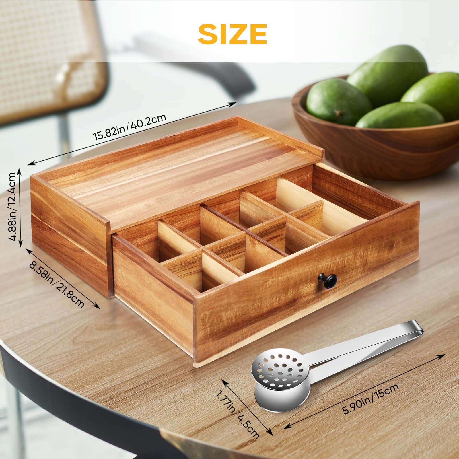 Organizador de bolsas de té de madera de acacia, organizadores de té y caja de almacenamiento, organizador de té para cajón de almacenamiento de bolsas de té, cajas de contenedor para encimera de