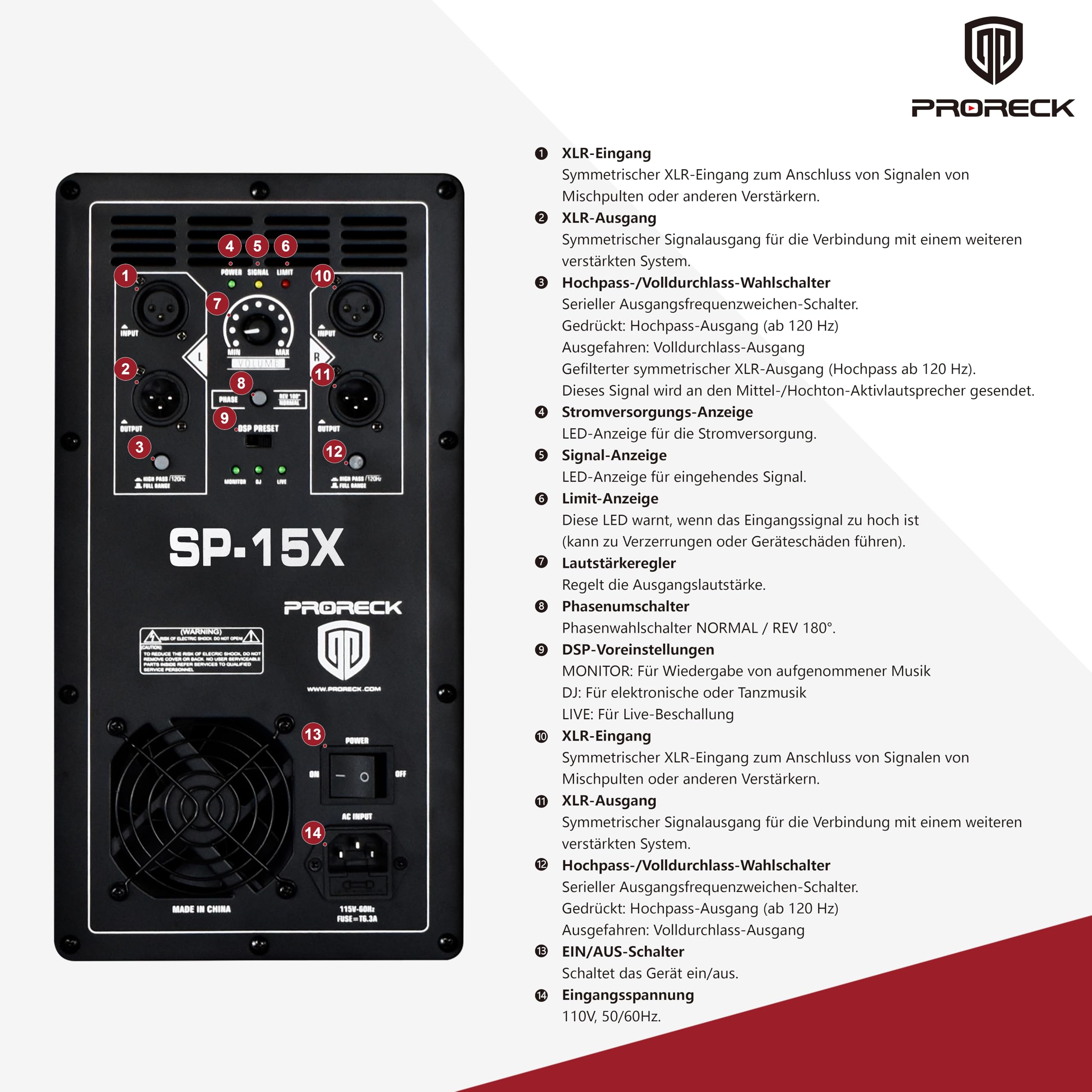 PRORECK SP-15X Aktiver PA-DJ-Subwoofer 15 Zoll 2000W PMPO mit Class-D-Verstärker, 3 DSP-Voreinstellungen (Monitor/Bassverstärkung), Schwarz für Hochzeiten/Partys/Konzerte/Kirchen (1 Subwoofer)