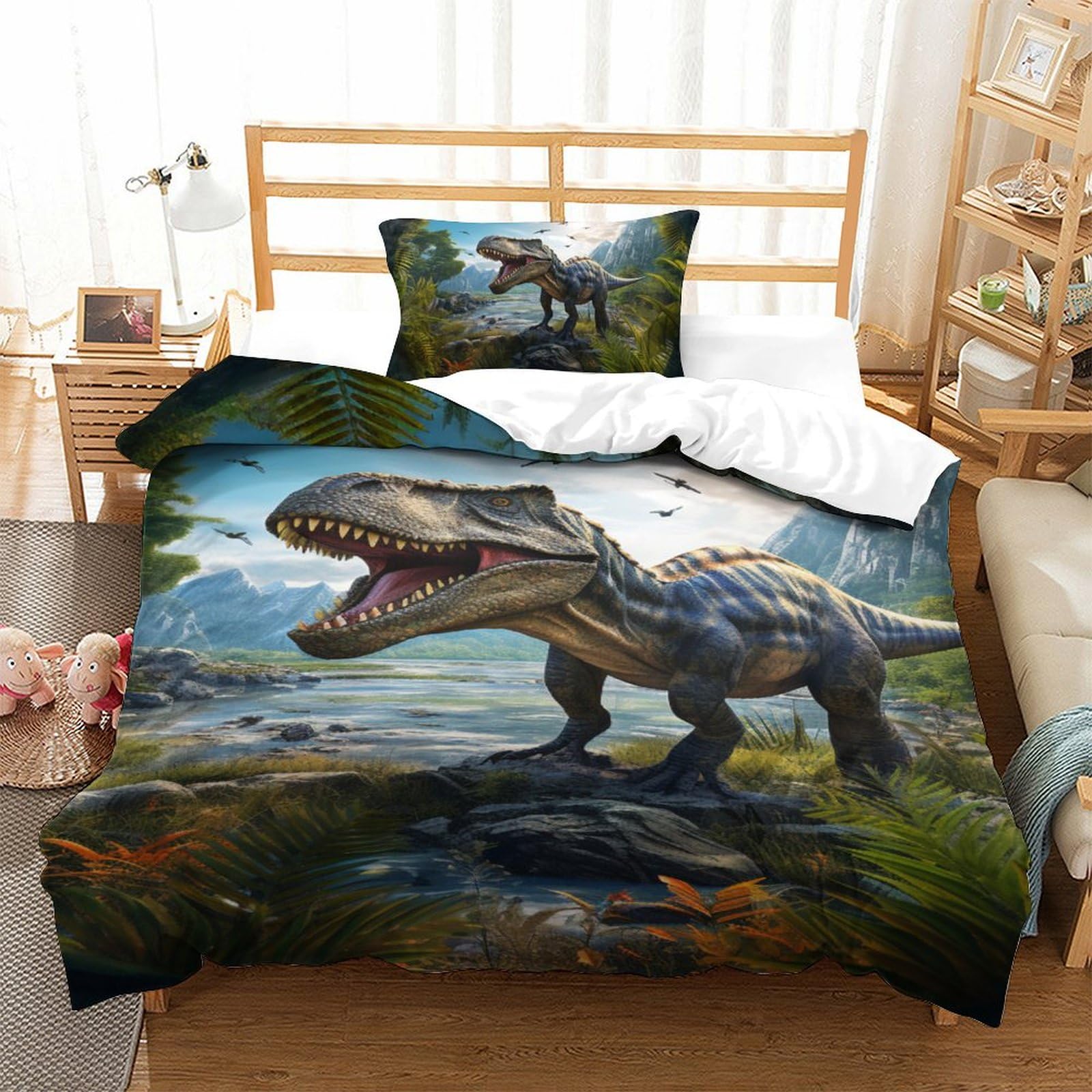 GXYUAOIEF Dinosaur 3D Printed Duvet Cover Set 2 Pieces Bedspread Soft Microfiber with Zipper Closure，Pillowcases for Kids Girls Boys Adults Bedroom Single（135x200cm）