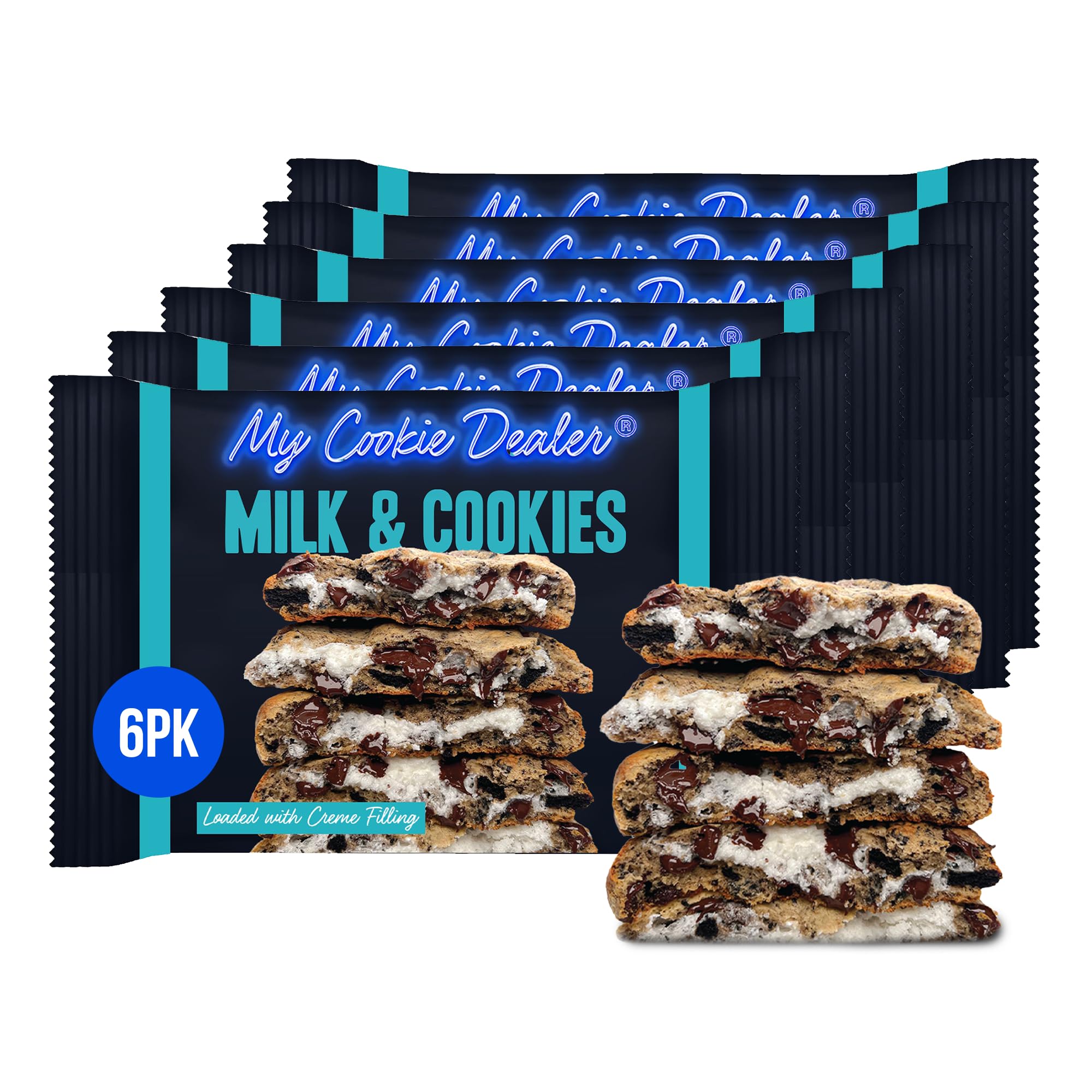 My Cookie Dealer Soft Baked Cookies, Milk & Cookies (6-Pack, 4oz Cookie) - Oreo Batter with Chocolate Chips & Chunks, filled with Vanilla Creme - Individually Wrapped Travel Snacks