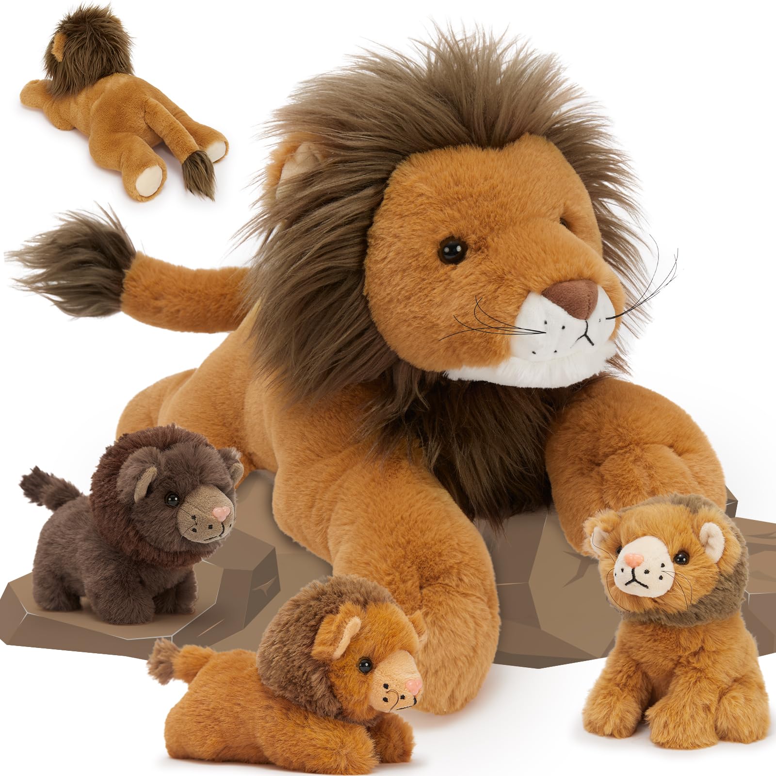 MaoGoLan 4 Pcs Lion Stuffed Animal Set - 19.6'' Lion Plush Toy with 3 Babies in Hers Zippered Back, Charming Gifts for Kids, Suitable for Birthday Christmas Festival Decor