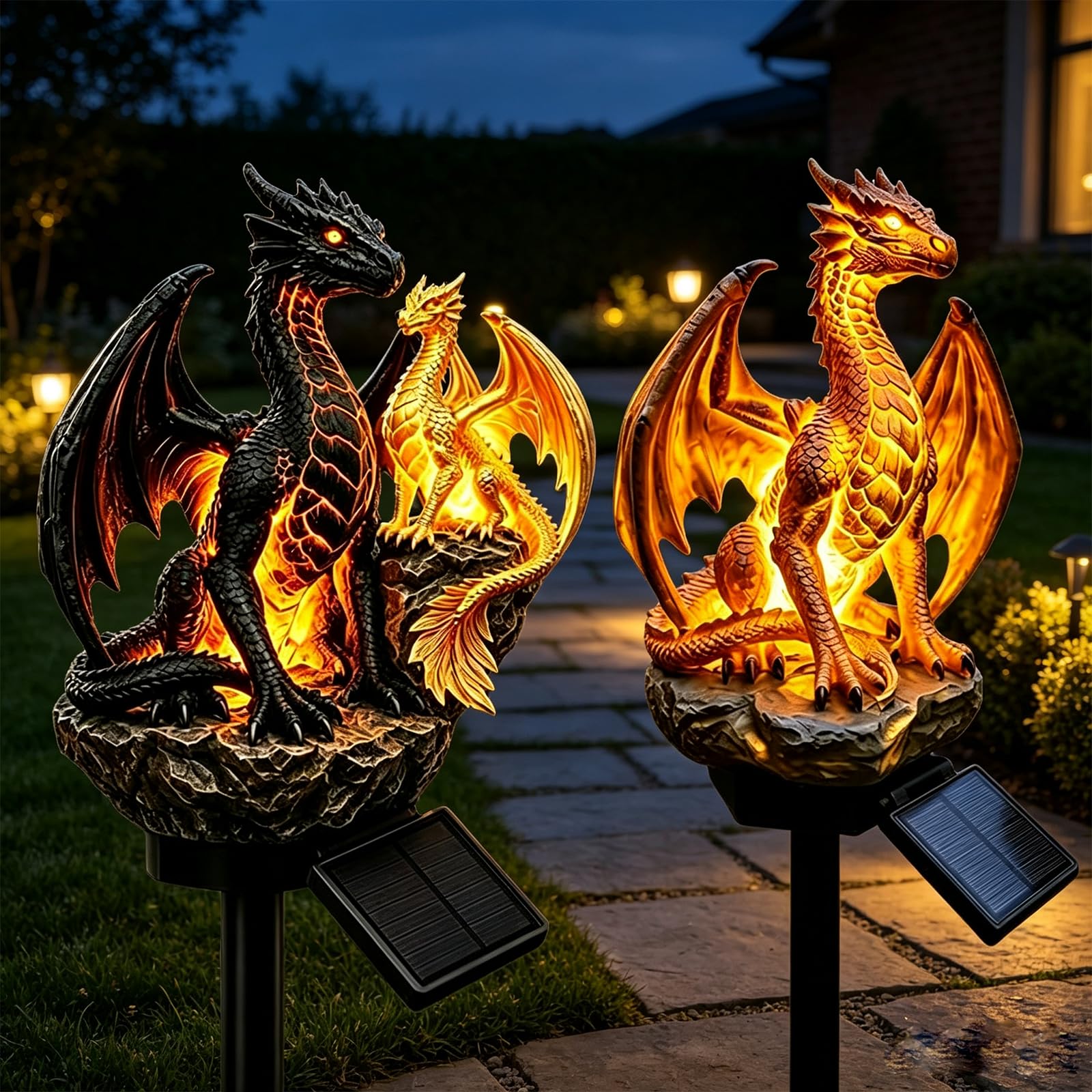 Drachen Solar Gartenleuchte, Solar Gartenfigur mit LED Warmlicht aus Harz, Wetterfeste Drachen Statuenlampe für Garten, Terrasse, Hof, Fantasy Gothic Deko, Geschenk für Drachenliebhaber，A+B