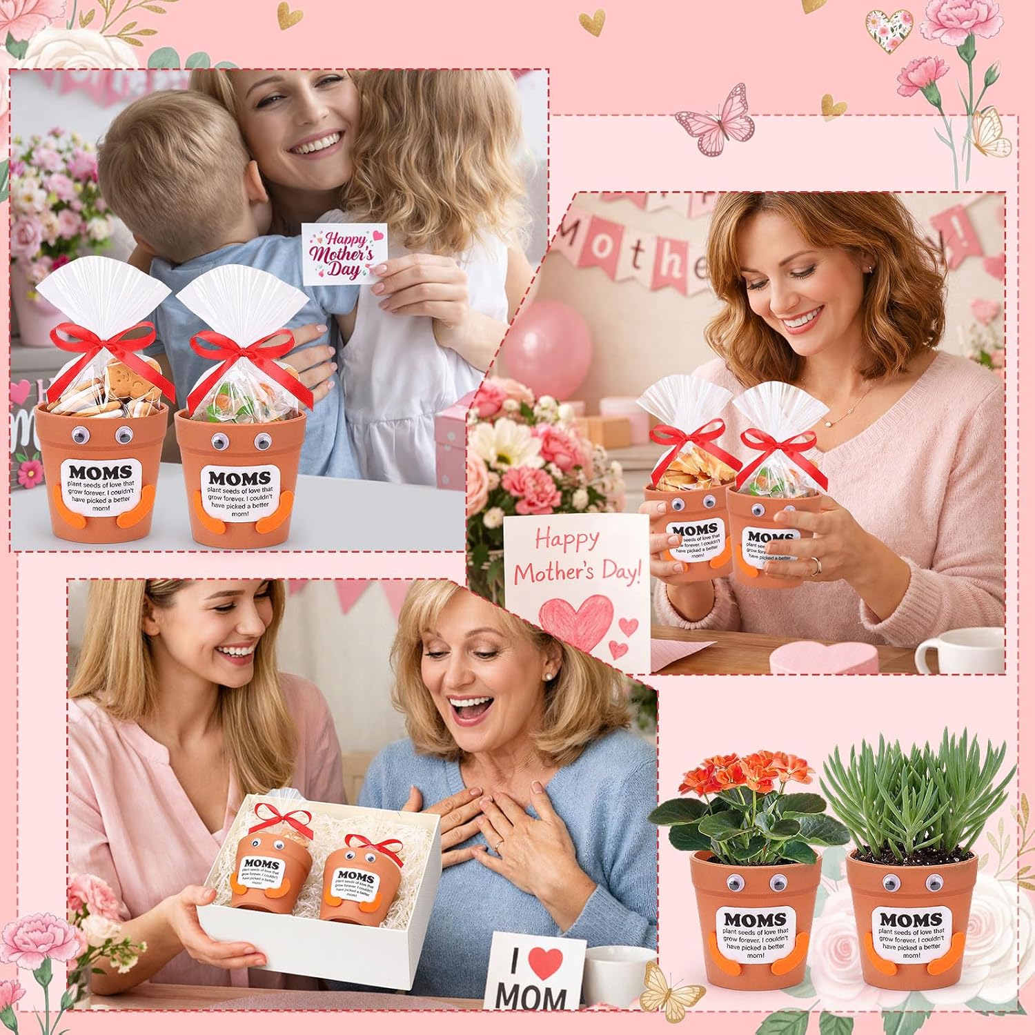 Hollowfly 24 Sets Mother's Day Crafts Bulk DIY Mom Gifts with 24 Pots 24 Gift Bags 24 Cards 50 Felts 50 Eyes Mother's Day Crafts for Mom Mother Party Favors Activities Home Family Gifts