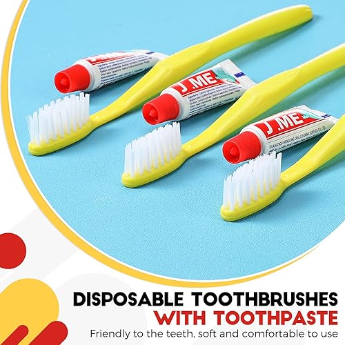 Miniatura 3 de Baderke 100 cepillos de dientes desechables con pasta de dientes, amarillo envueltos individualmente, kit de cepillos de dientes desechables de