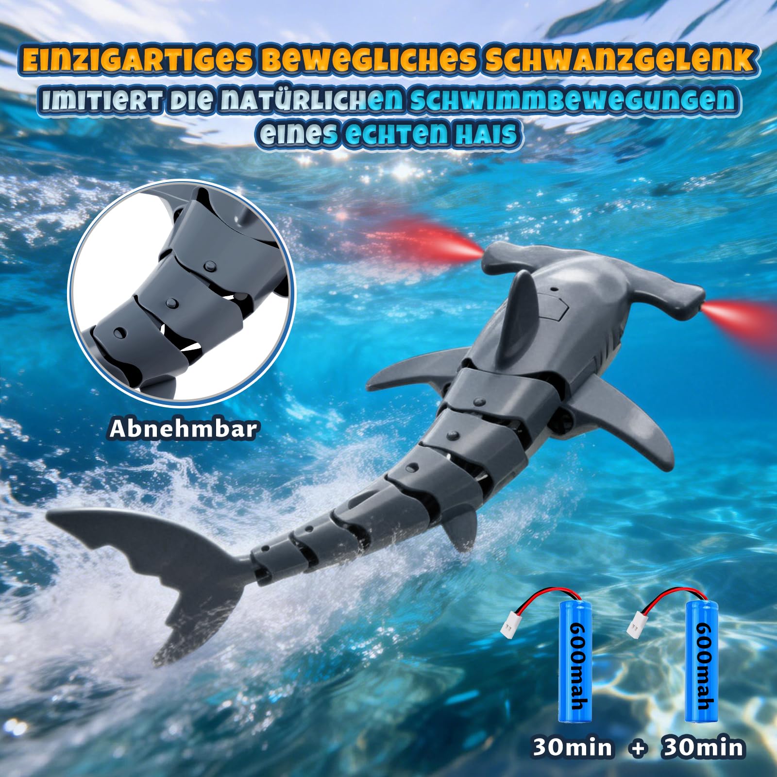 Ferngesteuerter Hai mit Tauchfunktion, 2.4GHz RC Hai mit LED-Licht, Unterwasser-Hai Spielzeug für Pool & Badewanne, Geschenk für Kinder ab 6 Jahren Jungen & Mädchen (Grau)