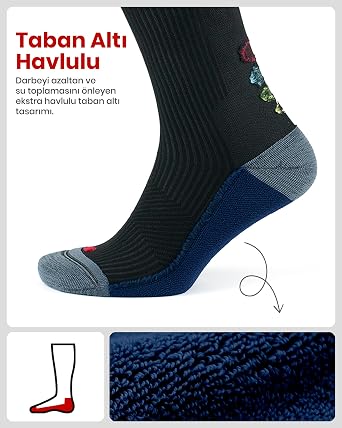 GoWith Erkek ve Kadın İçin Renkli Havlulu Dikişsiz (20-30 mm Hg) Basınçlı Uçuş Seyahat Çorabı 3595