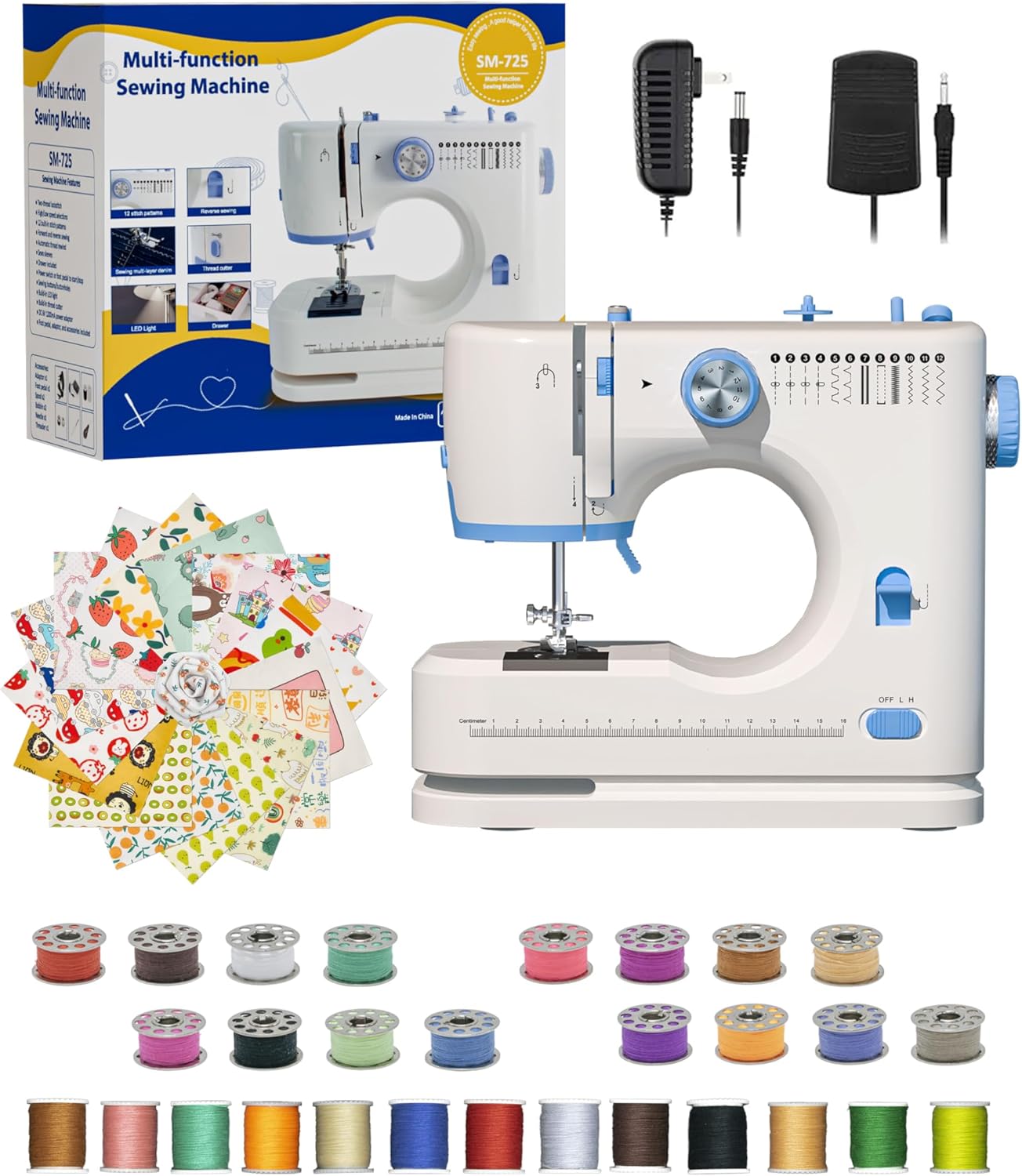 Portable Sewing Machine, Lncludes Beginner Basic Sewing Machine Kit, 12 Stitch Patterns Built-In, Versatile 2-Speed Foot Pedal, Great for Beginners, Adults, Home Use - Blue and White-S3