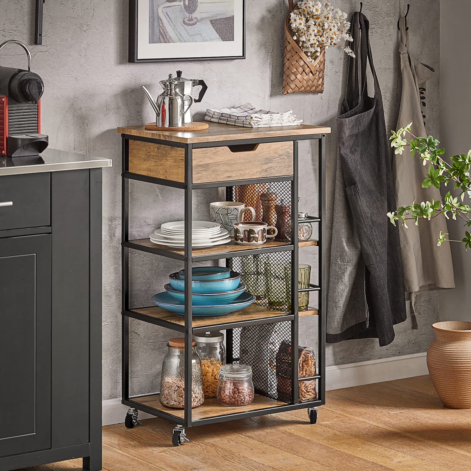 SoBuy Carrito Auxiliar con Ruedas, Carrito Cocina con 1 Cajón 3 Estantes y Estantes Laterales, Mueble Auxiliar de Cocina, Carro Herramientas Estilo Vintage 50 x 37 x 87 cm FKW99-N