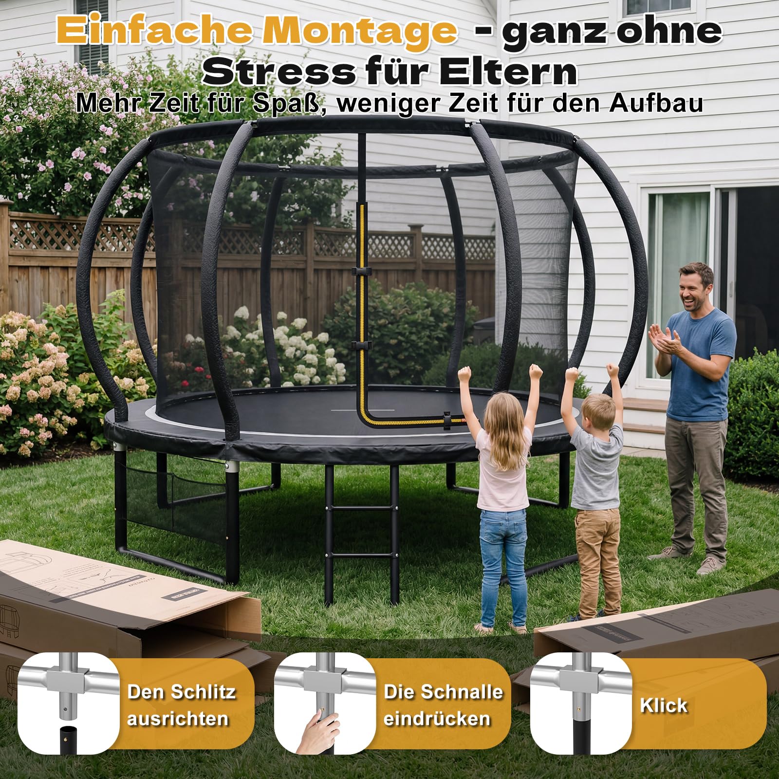 JUMMICO Trampolin Outdoor Ø 228/305/366/427/488 cm mit Schutznetz und Leiter, GS-geprüftes Freizeit-Trampolin für Kinder und Erwachsene, Rahmen mit Rostschutzbeschichtung, Belastbarkeit 150kg