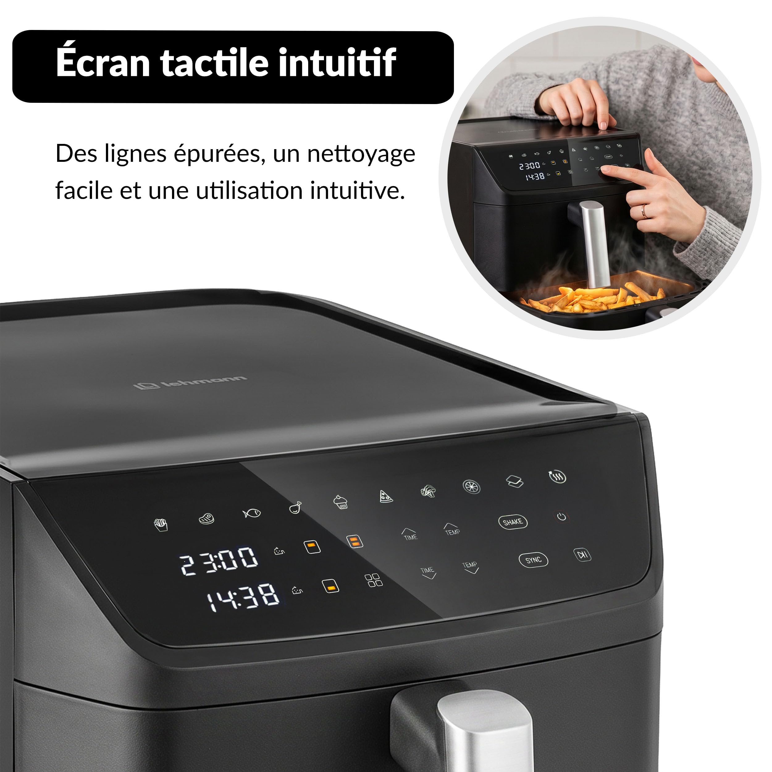 LEHMANN Double Zone Air Fryer XXL 12L, Friteuse sans Huile Verticale à Double Tiroir, 10 Programmes, 40-230°C, Écran Tactile, Revêtement Antiadhésif, pour Grande Famille, 2800 W
