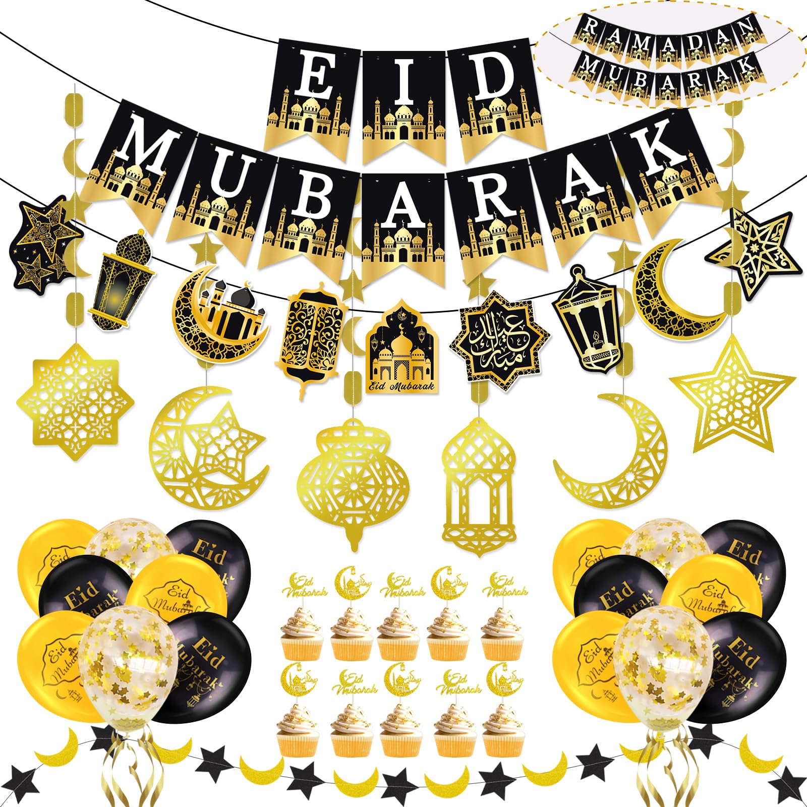 Eid Mubarak Bannière Decoration, Pré-Installés Aïd Moubarak Lune Et Etoiles Banderole Pour