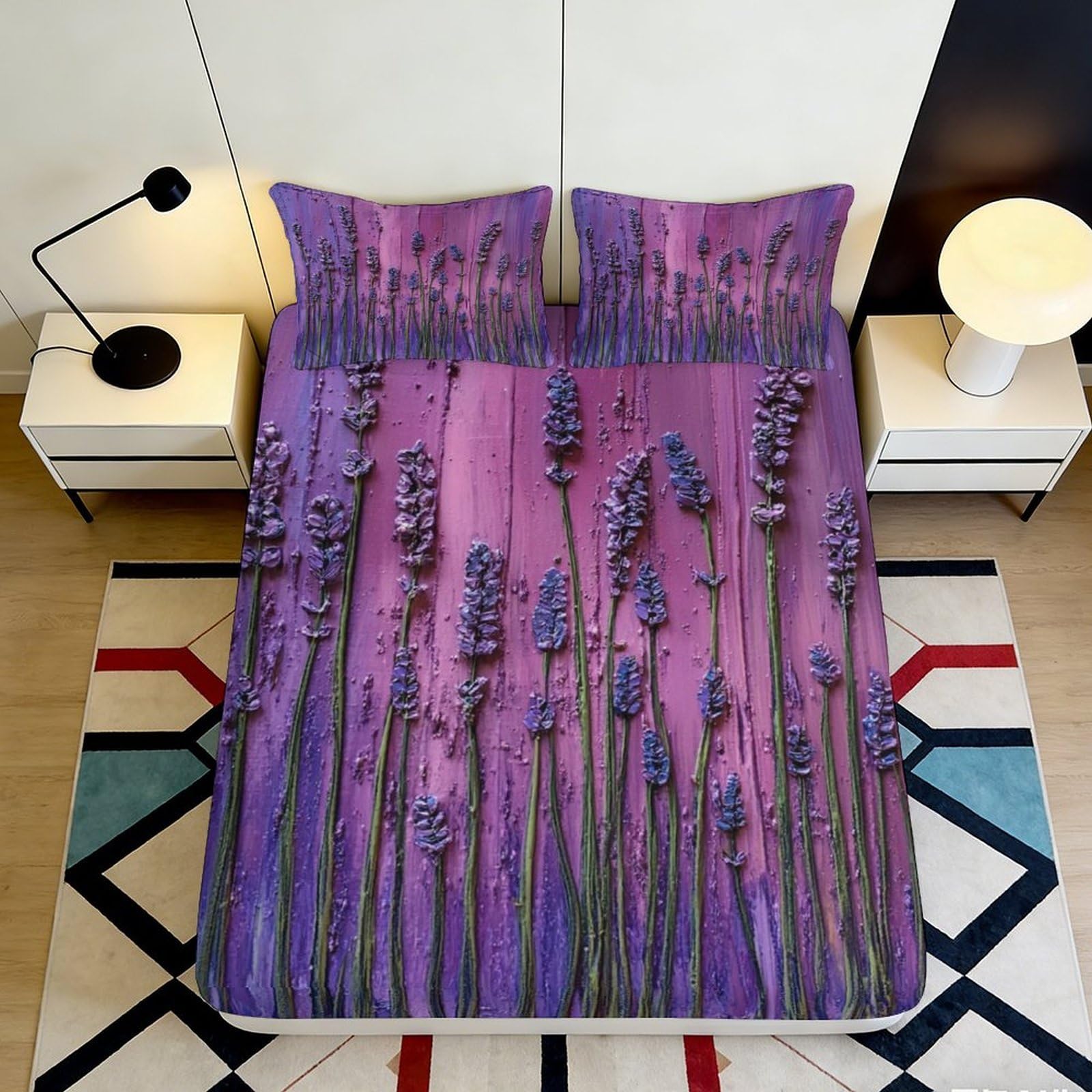 3D Printed Lavender Field Fitted Sheet Microfiber Soft Purple Floral Bed Cover for Bedroom Dorm Mattress Protection Decor 90x200x25cm
