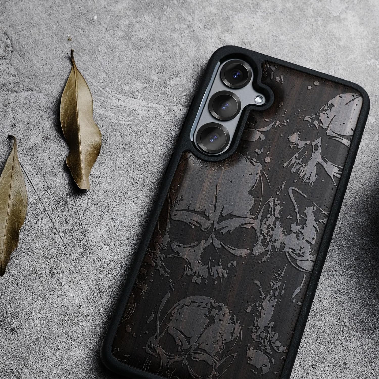 Carveit Magnetic Wooden Case for Galaxy S25+ Samsung S25 Plus Case, TPU Shockproof Cover & Wood Engraved, Compatible with MagSafe Wireless Chargers (Grunge Style Skull Pattern) Blackwood
