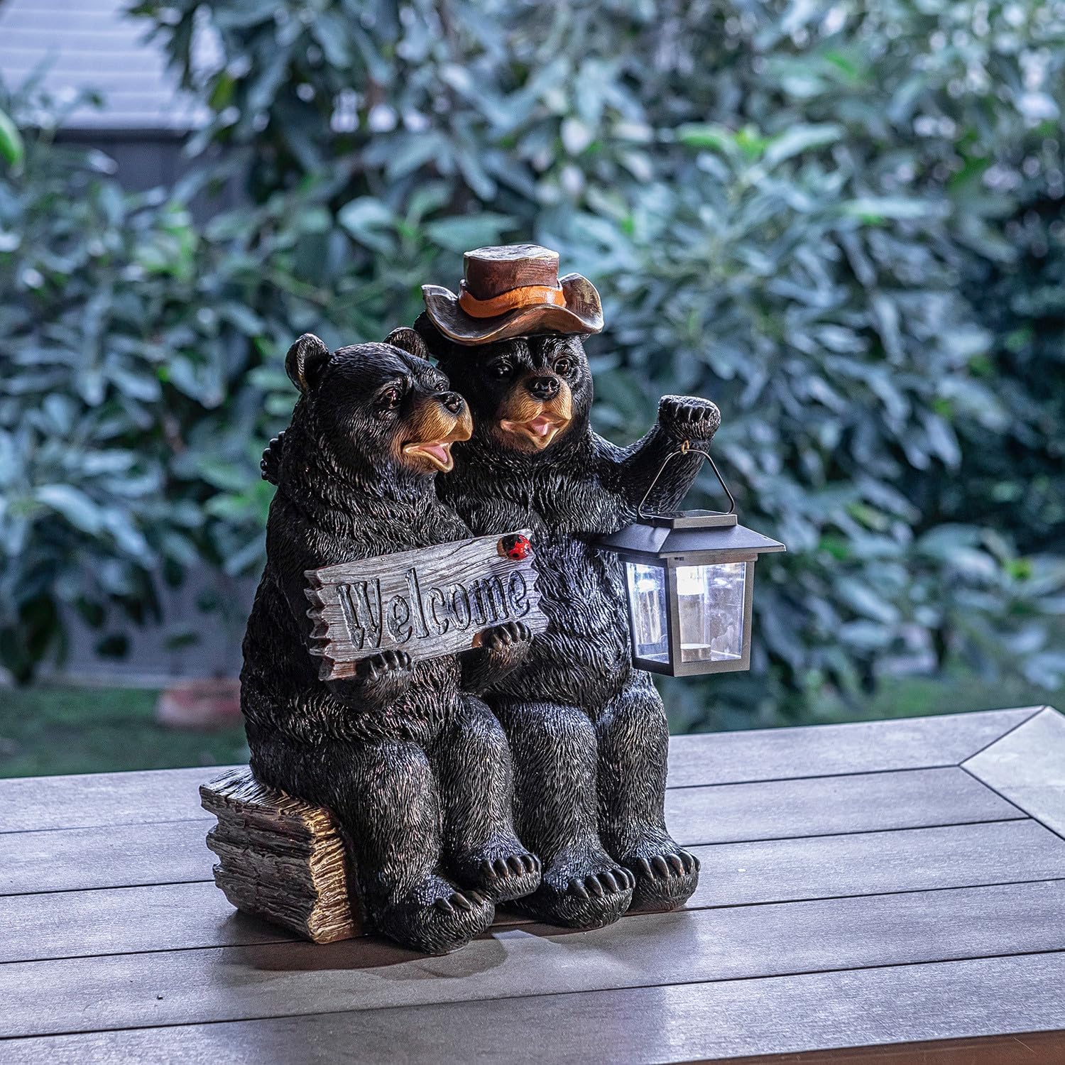 Solar Yard Sign Bear Couple Lantern Welcome Figurine