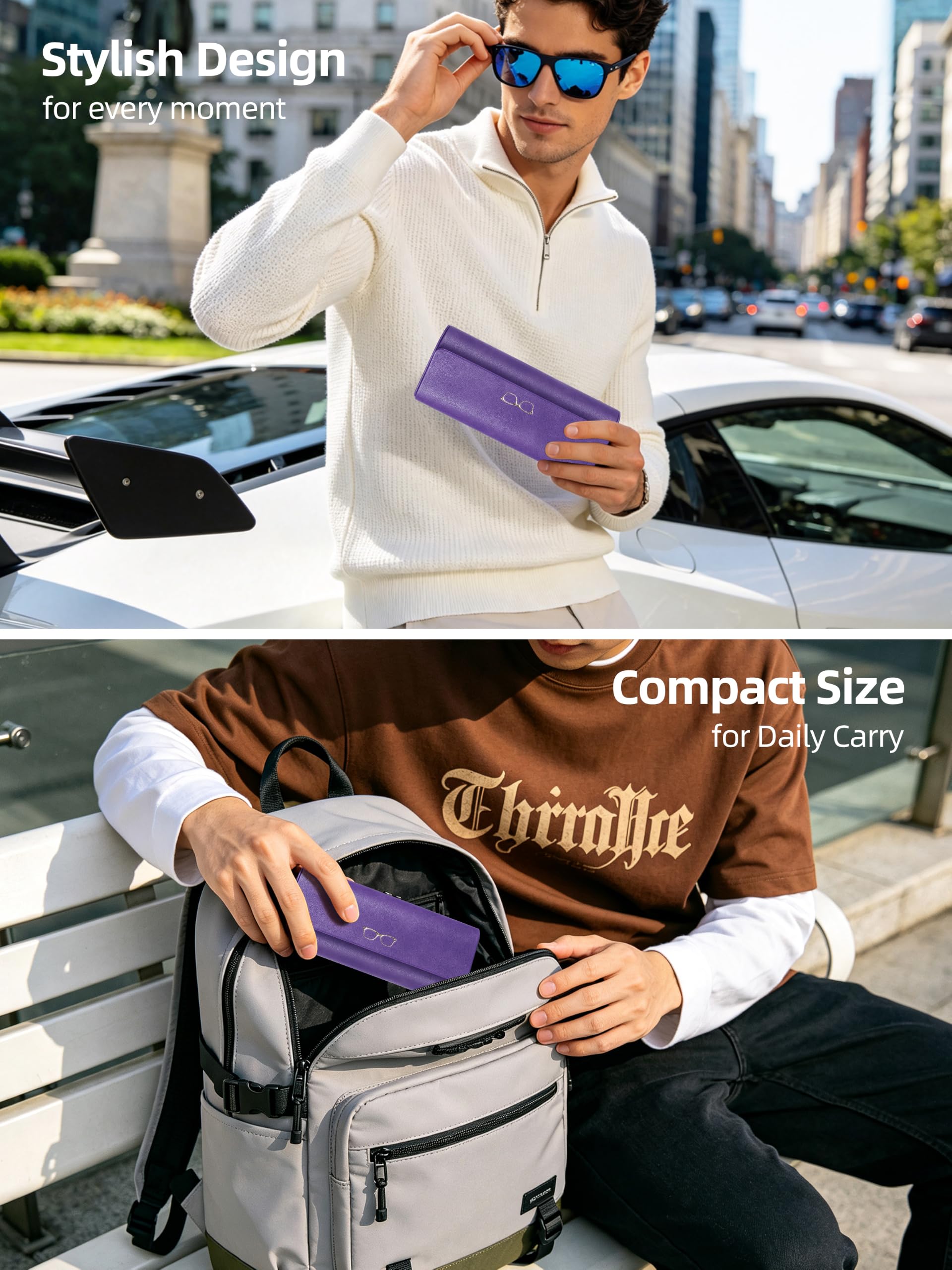 ExtreLife Smart Brillenetui, funktioniert mit Apple Find My, Hartschalen-Sonnenbrillenetui für Damen Herren, Brillenetui mit GPS-Tracker, PU-Leder, Anti-Verlust, wiederaufladbar, elegantes Lila