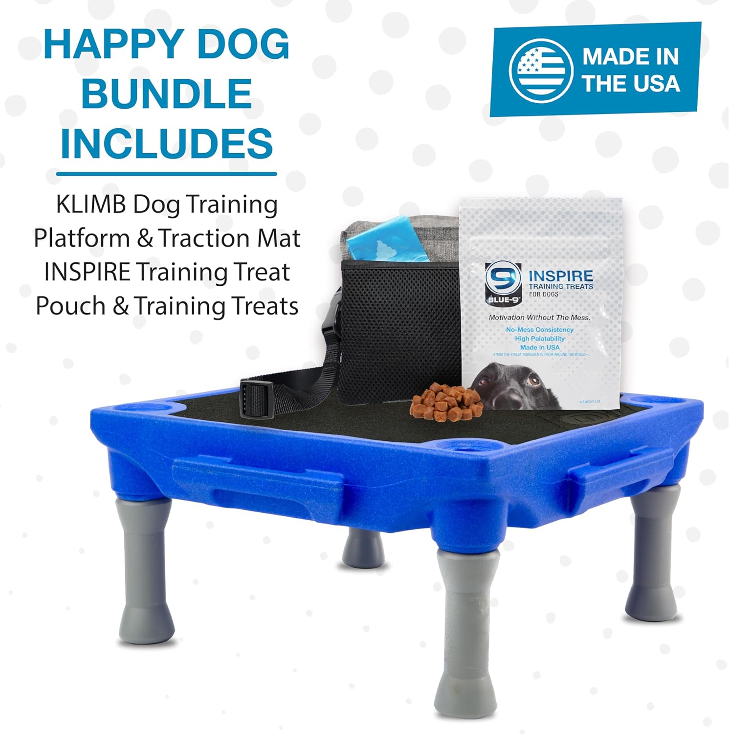 Blue-9 Happy Dog Starter Bundle with KLIMB Dog Training Platform & Traction Mat and Inspire Training Treat Pouch & Training Treats, Blue