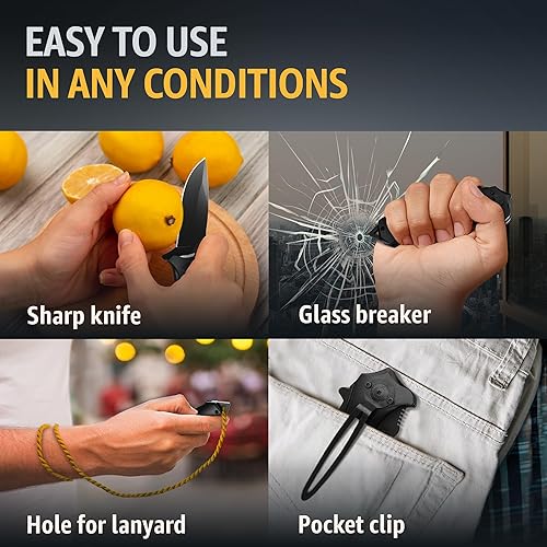 Miniatura 9 de Grand Way Cuchillo táctico para hombre  Cuchillo de bolsillo negro  El mejor cuchillo asistido por resorte con rompedor de vidrio y clip de bolsillo