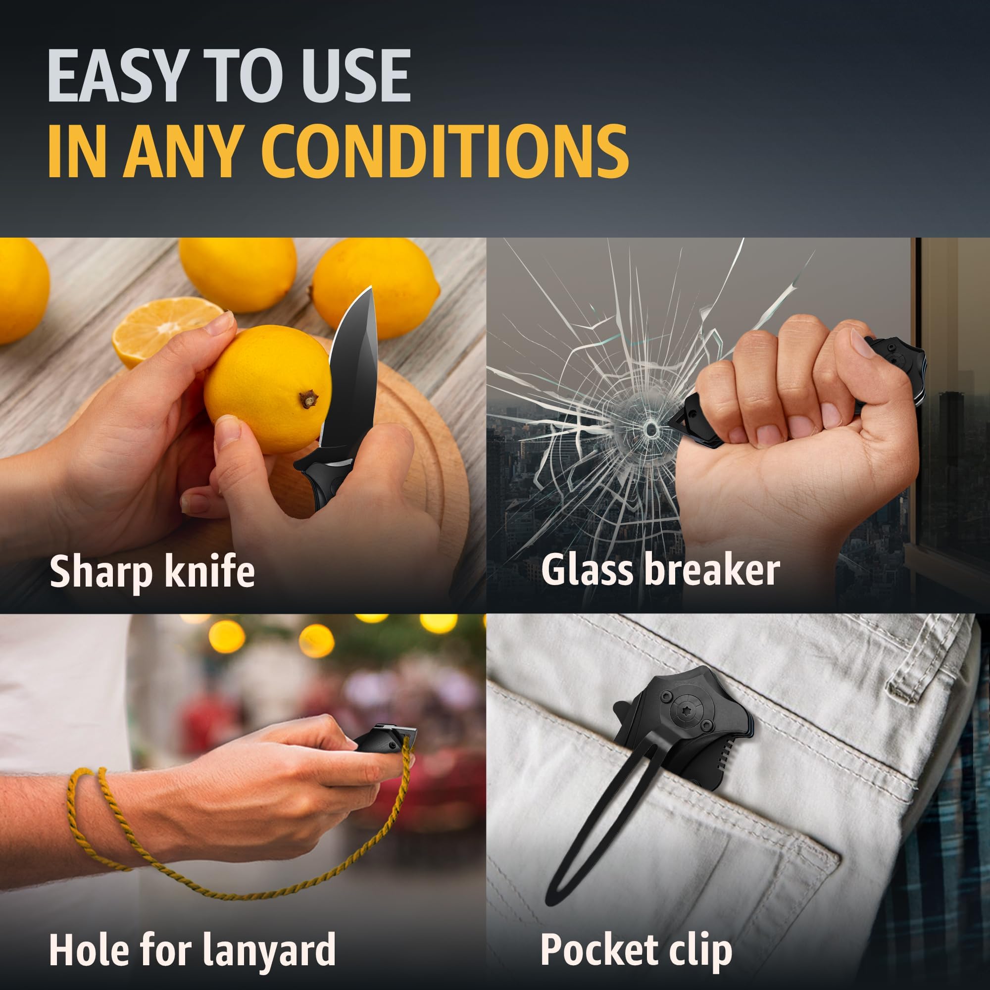 Grand Way Tactical Knife for Men - Black Pocket Knife - Best Spring Assisted Knife with Glass Breaker and Pocket Clip - Cool Folding Knives for Military Work Camping - Birthday Gifts for Dad 6495 B