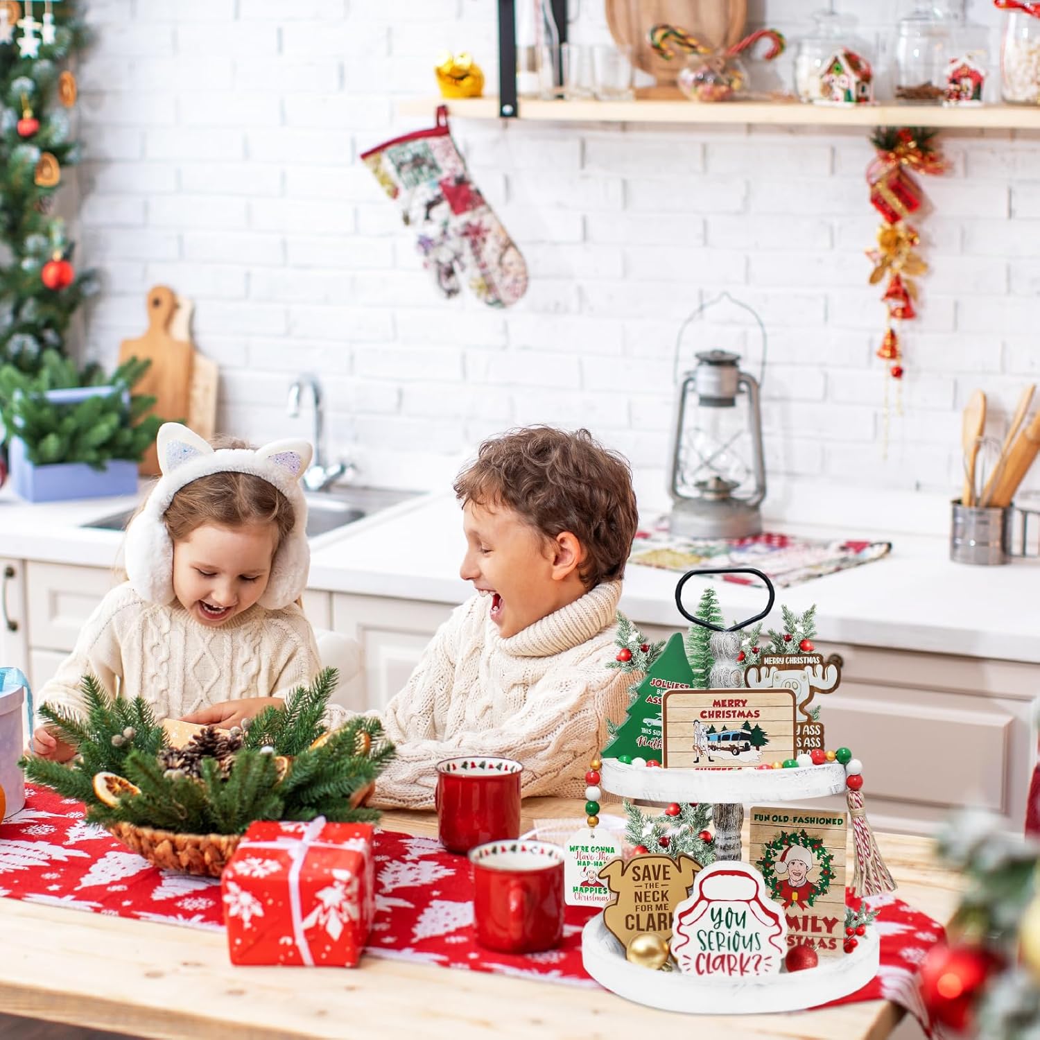 Christmas Vacation Decorations, Funny Christmas Vacation Tiered Tray Decor, Rustic Wooden Bead Garland, Farmhouse Table Mantel Decor, Griswold Christmas Vacation Merchandise Gifts
